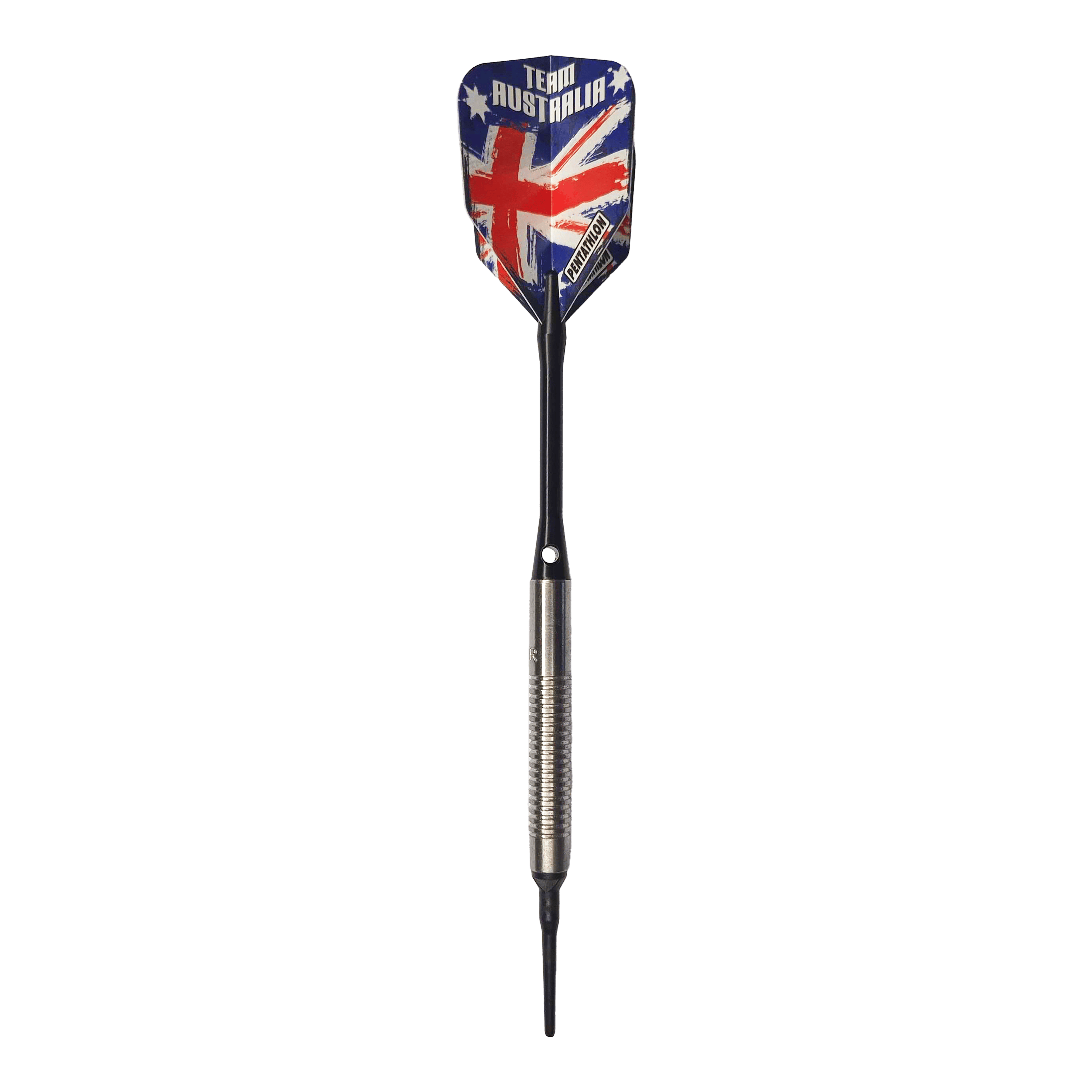 Měkké šipky McDart 85 Tungsten V8 - 18,5 g Auf dem Bild ist ein Softdart mit einer silbernen Griffzone und langer schwarzer Spitze zu sehen. Die Dart-Flügel zeigen das Design der australischen Flagge mit der Aufschrift "TEAM AUSTRALIA".