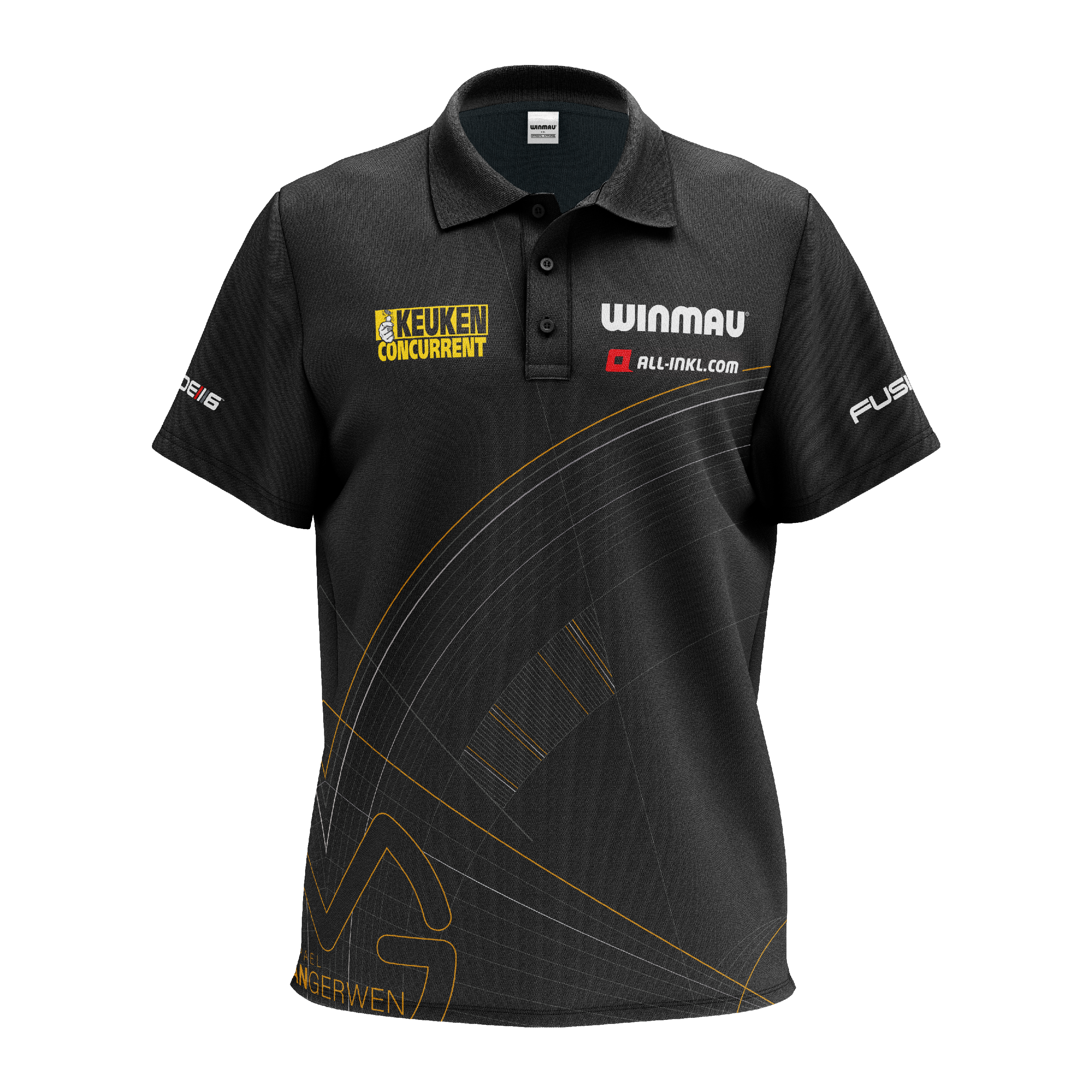 Das Bild zeigt ein schwarzes Polo-Dartshirt mit verschiedenen Logos und Sponsorenaufdrucken. Das Shirt ist das "Winmau Limited Edition Tour Polo Dartshirt".
