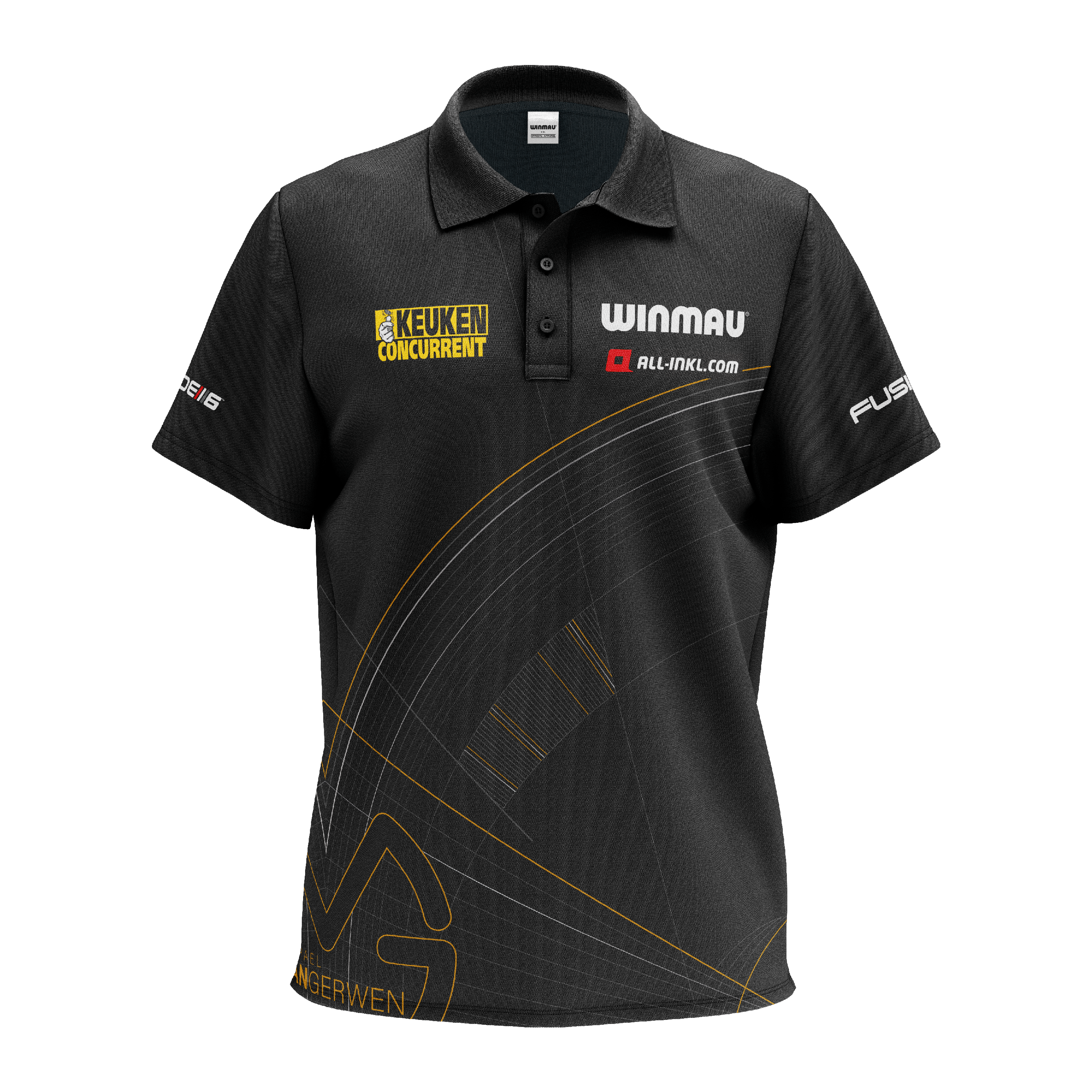 Polo šipková košile Winmau Limited Edition Tour Das Bild zeigt ein schwarzes Polo-Dartshirt mit verschiedenen Logos und Sponsorenaufdrucken. Das Shirt ist das "Winmau Limited Edition Tour Polo Dartshirt".