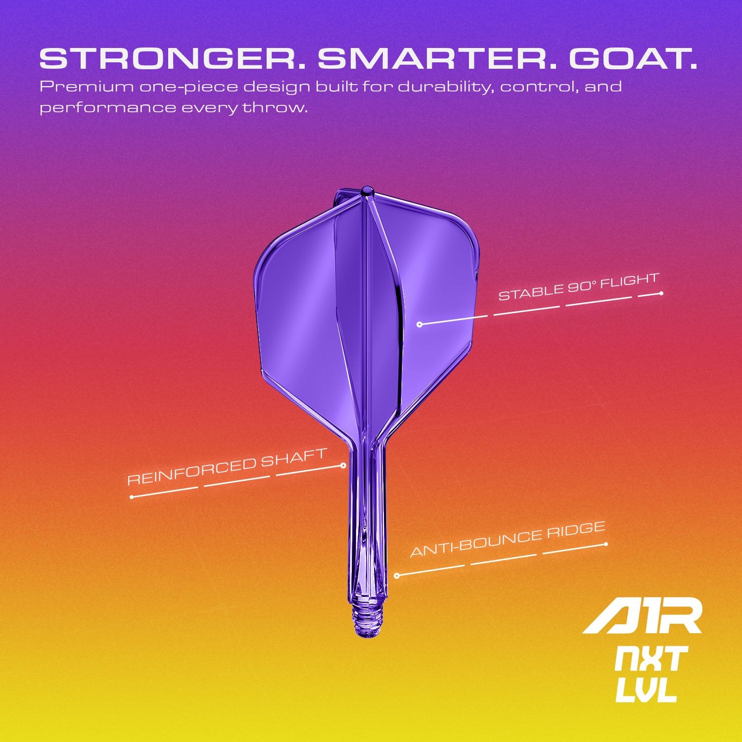 Systém letmých hřídelí GOAT A1R No6 - neonově fialová Abgebildet ist das GOAT A1R No6 Flight-Shaft-System in leuchtendem Neon Lila. Es ist speziell für den Einsatz im Dartsport konzipiert.
