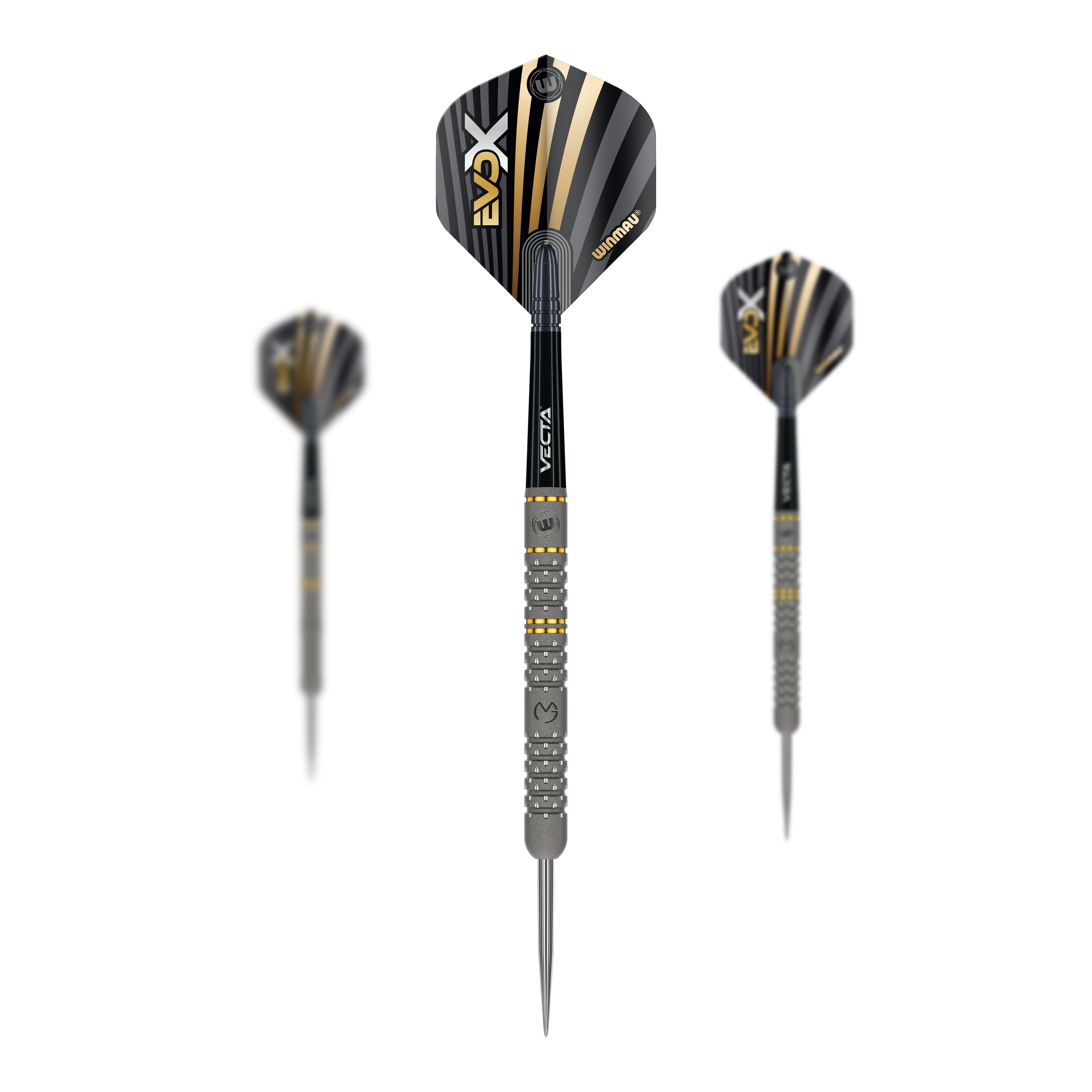 Ocelové šipky Winmau Michael Van Gerwen Evo-X Das Bild zeigt drei Winmau Michael Van Gerwen Evo-X Steeldarts mit schwarzer und goldener Optik. Die Darts haben ein modernes Design und sind in einer Vorder- und zwei Seitenansichten dargestellt.