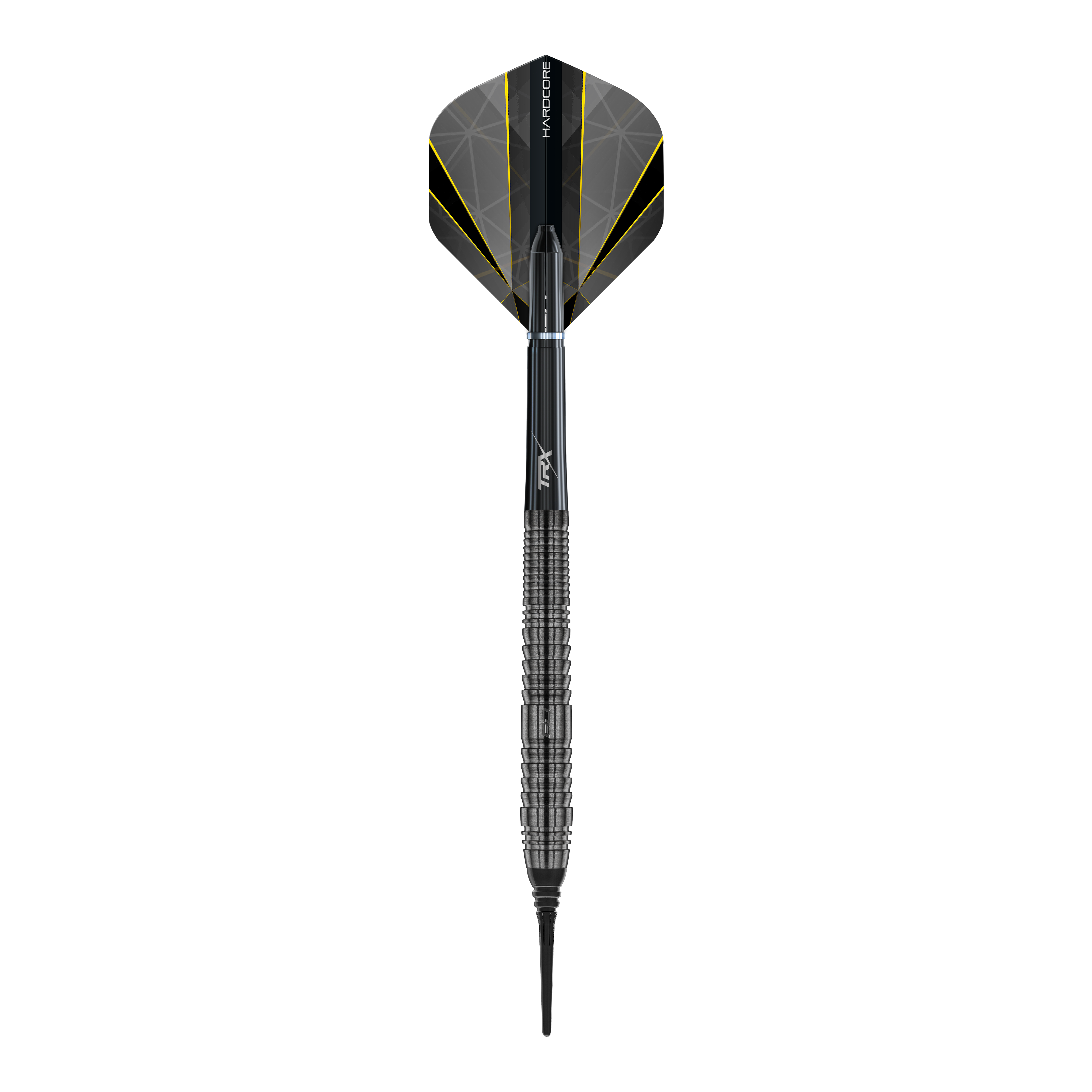 Dies ist ein Softdart namens "Red Dragon Seren 2 Onyx Softdarts - 20g". Er hat ein schwarzes Design mit gelben Akzentlinien und einer geriffelten Griffzone.