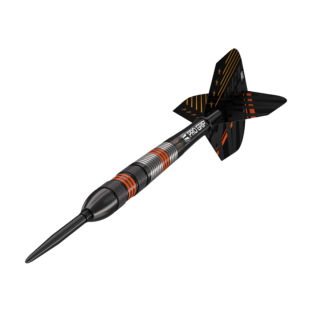 190212_Target_Raymond_Van_Barneveld_80_Black_Swiss_Point_Steeldarts_4 Dies ist ein schwarzer Steeldart mit roten und silbernen Ringen am Griff. Die Flight ist schwarz mit orangefarbenen Streifen und kleinen Sternen.