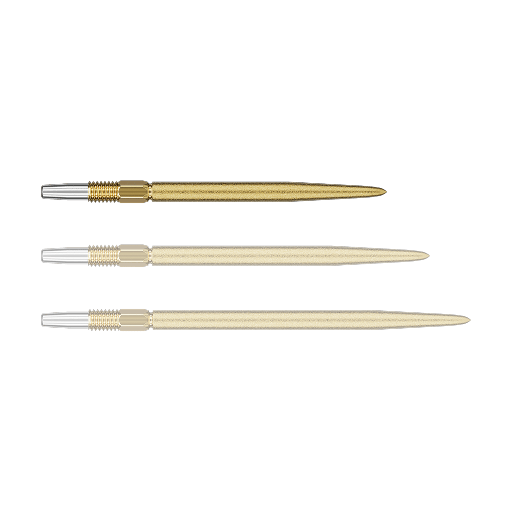 Das Bild zeigt drei goldene Dartspitzen mit silbernem Gewinde. Die Dartspitzen sind in unterschiedlichen Perspektiven angeordnet.