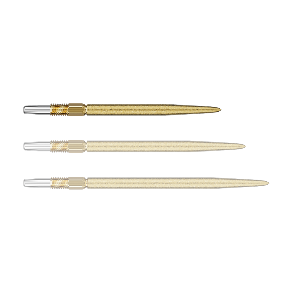 Špičky na šipky Target Swiss Point SLK - zlaté Das Bild zeigt drei goldene Dartspitzen mit silbernem Gewinde. Die Dartspitzen sind in unterschiedlichen Perspektiven angeordnet.