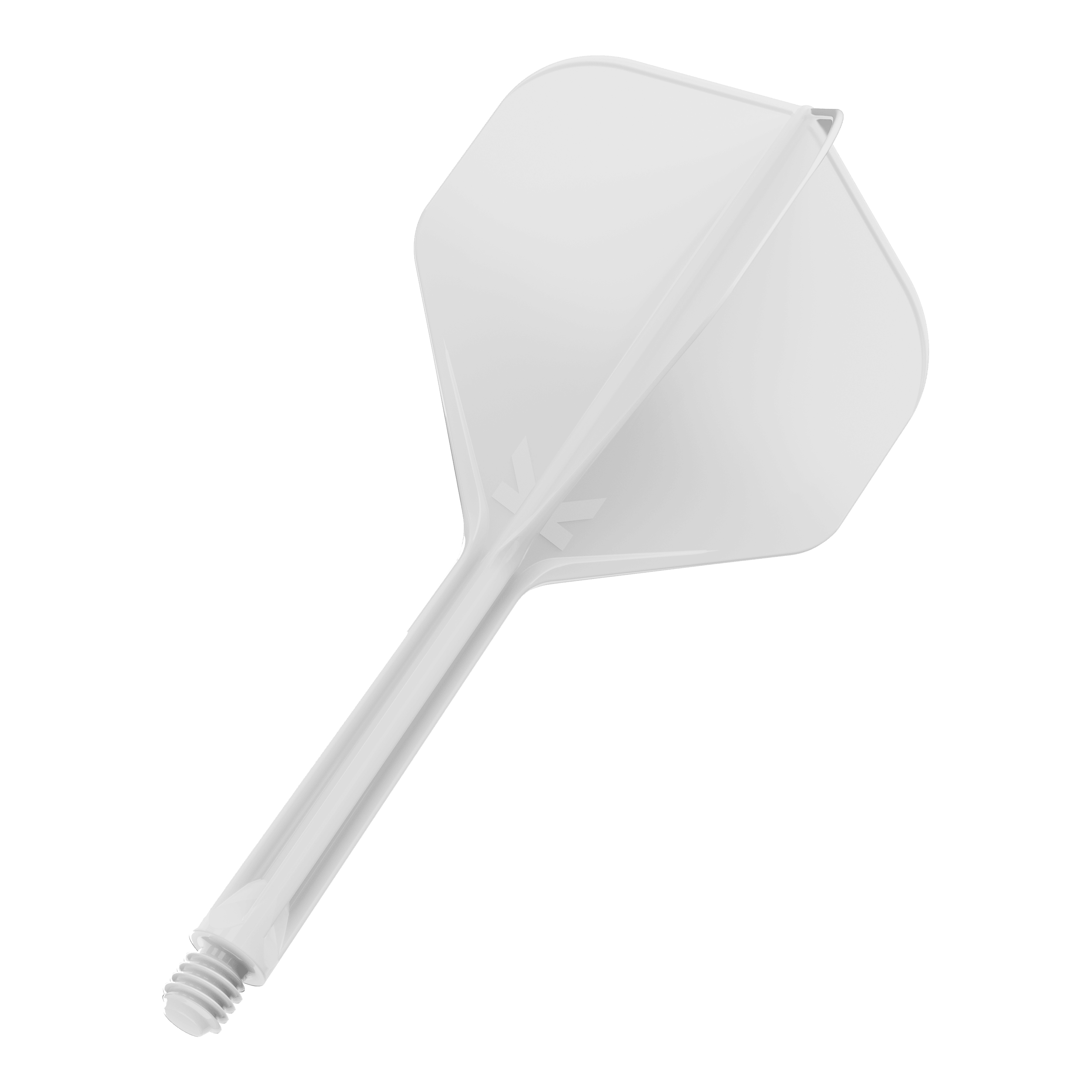 Standardní letový systém Target K-Flex No2 - bílý Das Bild zeigt einen weißen Dartflügel mit integriertem Schaft. Der Schaft hat ein Schraubgewinde am Ende zur Befestigung am Dartpfeil.