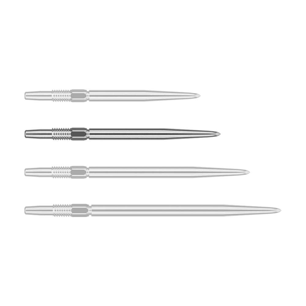 Zaměřte hroty šipek Swiss Point Silver Das Bild zeigt vier silberne Dartspitzen, die nebeneinander liegen. Sie sind lang, schmal und haben ein geriffeltes Stück am oberen Ende.