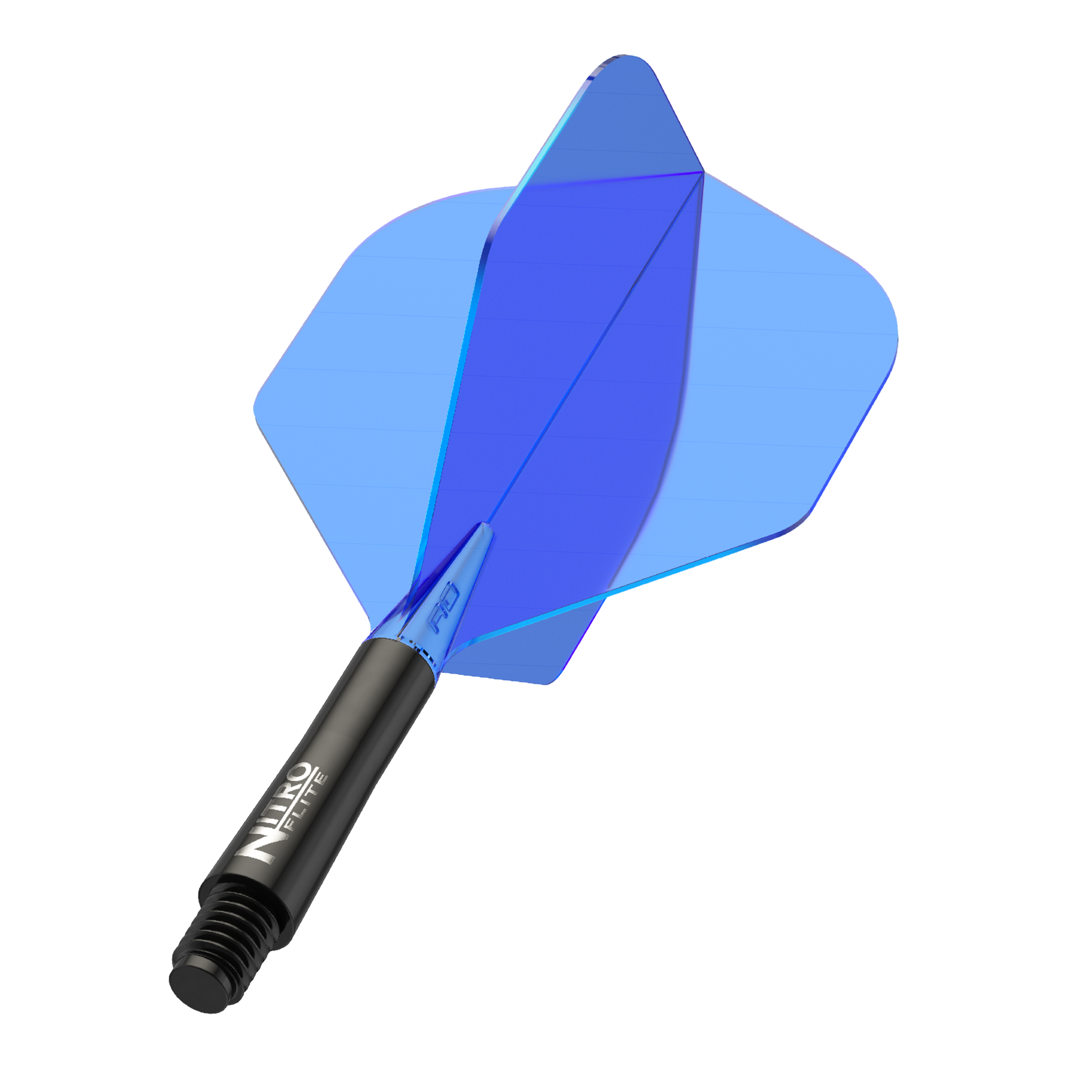 Auf dem Bild ist ein blauer Dartflug mit schwarzem Schaft zu sehen. Der Schaft trägt die Aufschrift "Nitro Flite".