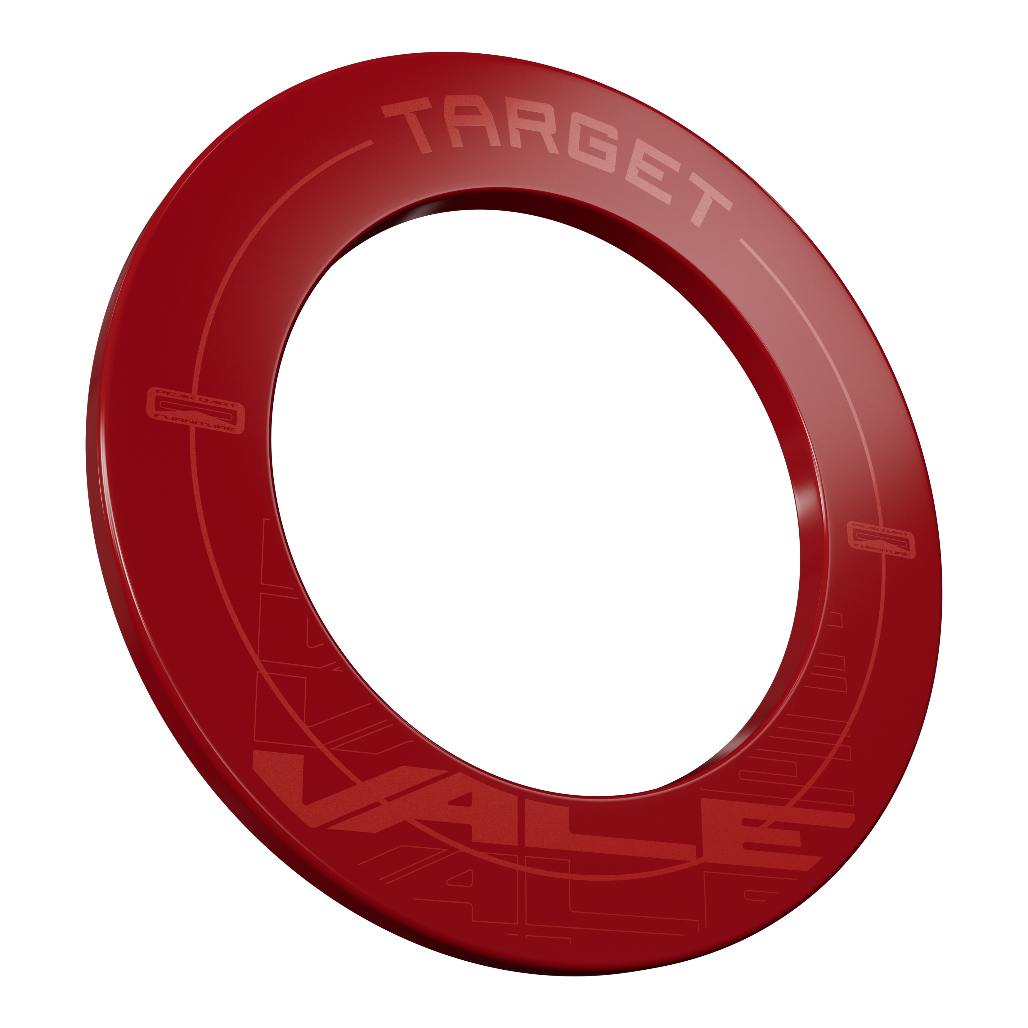 Das Bild zeigt das Produkt "Target VALE Dartboard Surround" in einem kräftigen Rotton. Es handelt sich um einen runden Schutzring für eine Dartscheibe mit der Aufschrift "TARGET" und "VALE".