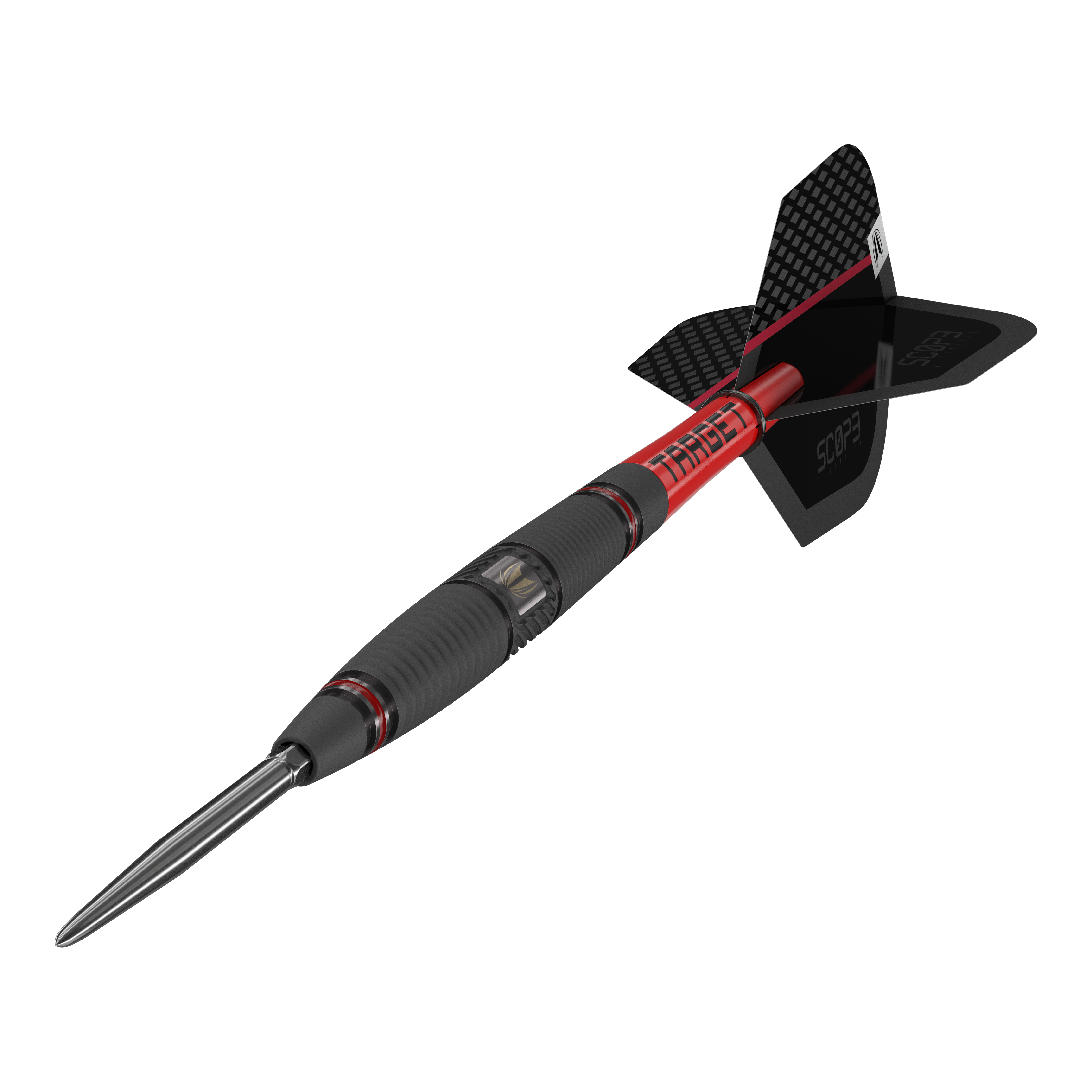 Ocelové šipky Target Scope 04 Swiss Point Das Bild zeigt den Target Scope 04 Swiss Point Steeldart. Der Dart hat ein schwarz-rotes Design mit geriffeltem Griff und einer metallischen Spitze.