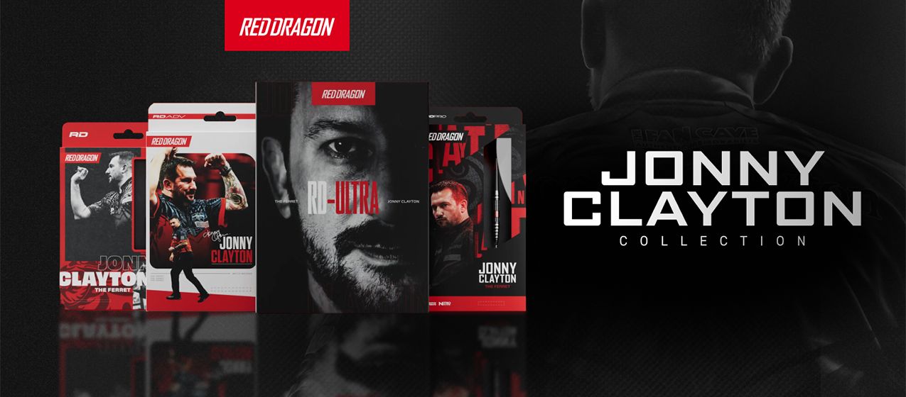 Das Bild zeigt ein Produkt aus der Clayton Collection von RedDragon. Abgebildet ist vermutlich eine Verpackung oder ein Artikel, der mit Dartsport in Verbindung steht.