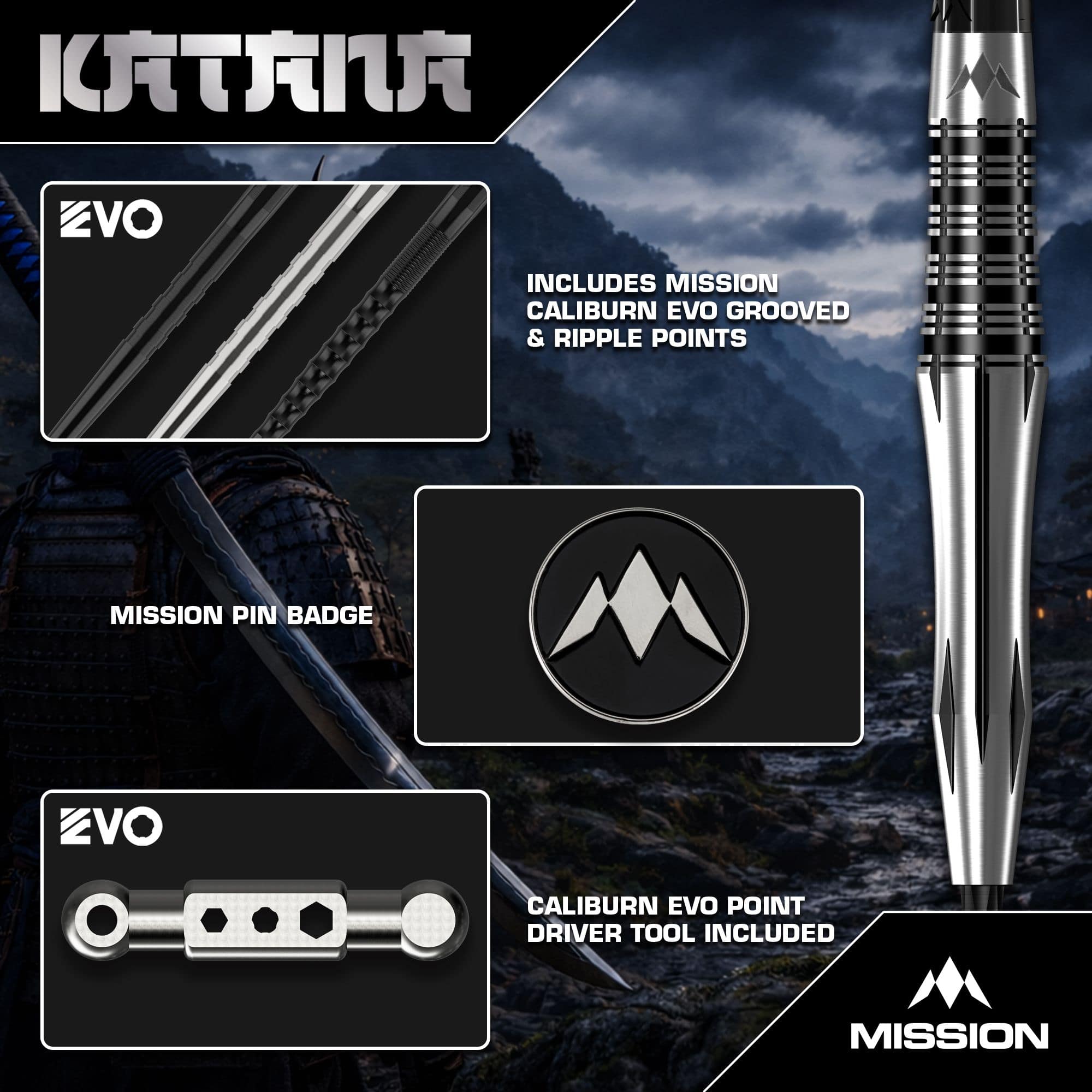 Šipky Mission Katana Steel Mission Katana Steeldarts sind hochwertige Steeldarts. Auf dem Bild ist das Produkt aus nächster Nähe zu sehen.