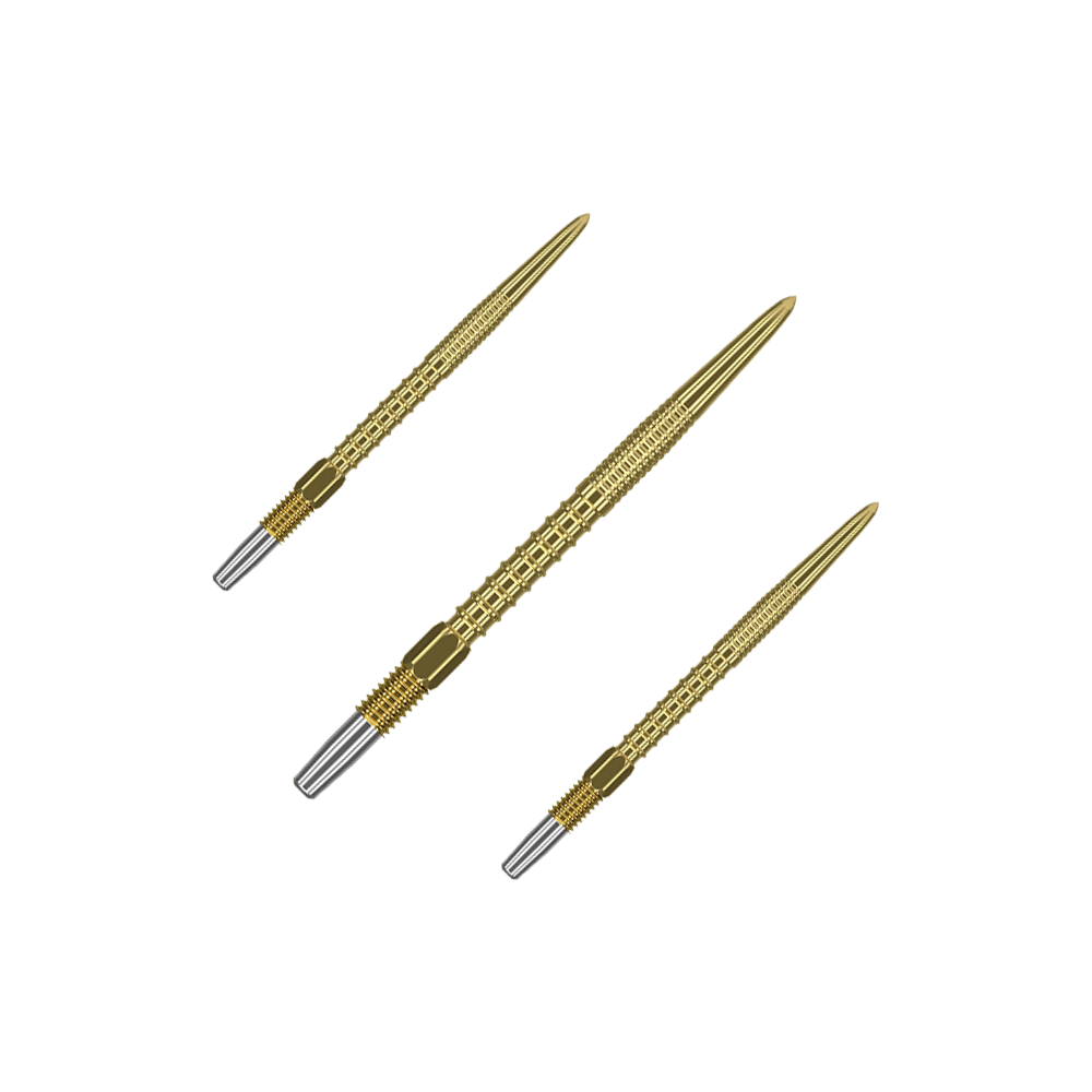 Zaměřte hroty šipek Swiss Firepoint Gold Das Bild zeigt drei goldfarbene Dartspitzen mit silbernem Gewinde am Ende. Sie sind schlank und haben eine strukturierte Oberfläche für besseren Halt.