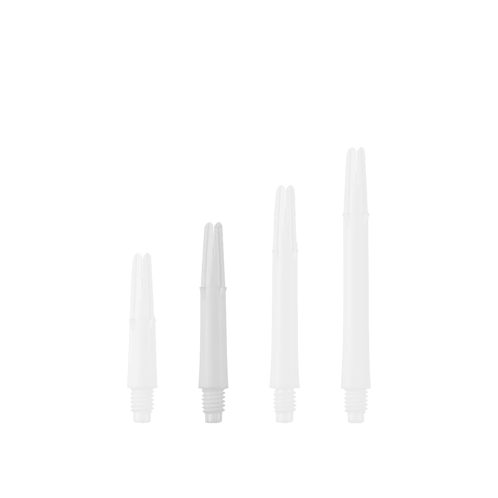 L-L-Style-Shafts Uzamčené rovné - Bílé Auf dem Bild sind vier weiße, gerade Dartschäfte in unterschiedlichen Längen zu sehen. Sie stehen nebeneinander aufrecht auf einem grünen Hintergrund.