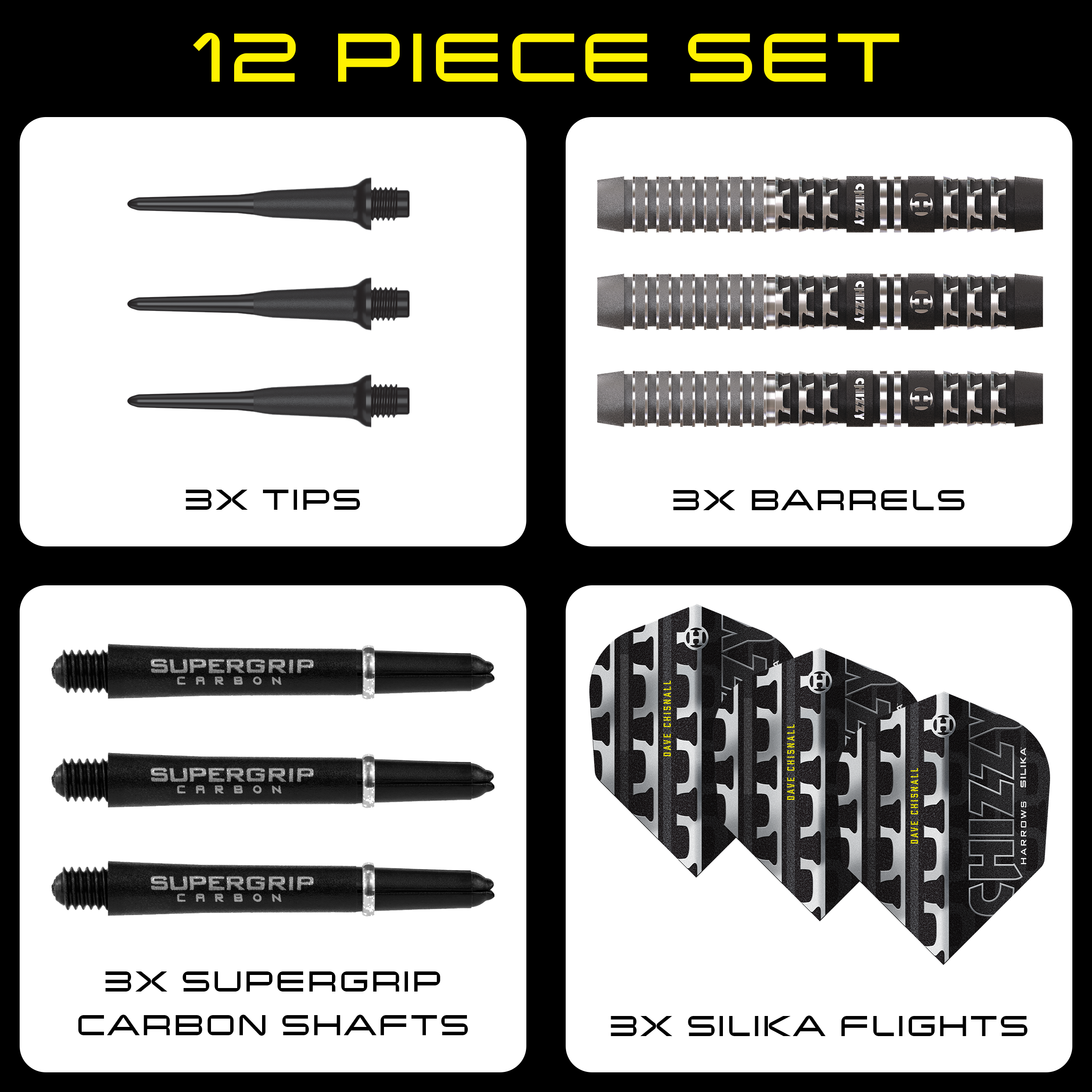 Zu sehen sind die Harrows Dave Chisnall Chizzy Series 4 Softdarts. Diese Softdarts bieten eine ausgezeichnete Qualität für Dartliebhaber.