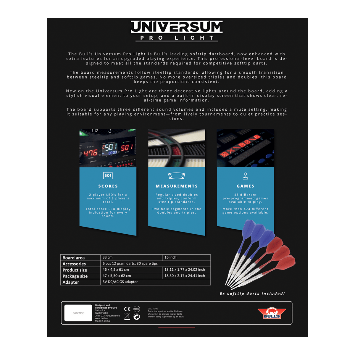 Elektronický terč Bulls NL Universum Pro Light - modročervený Auf dem Bild ist das Bulls NL Universum Pro Light Elektronisches Dartboard - Blau Rot zu sehen. Es eignet sich perfekt für Darts-Spiele zu Hause.