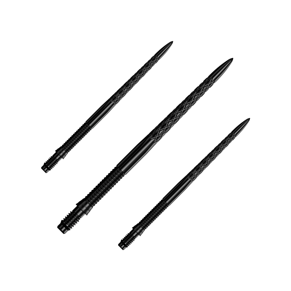 Špičky na šipky Mission R2.5 Rapid Point DSX - černé Ein Set schwarzer Dartspitzen ist zu sehen. Die Dartspitzen sind Mission R25 Rapid Point DSX mit einer Länge von 40mm.