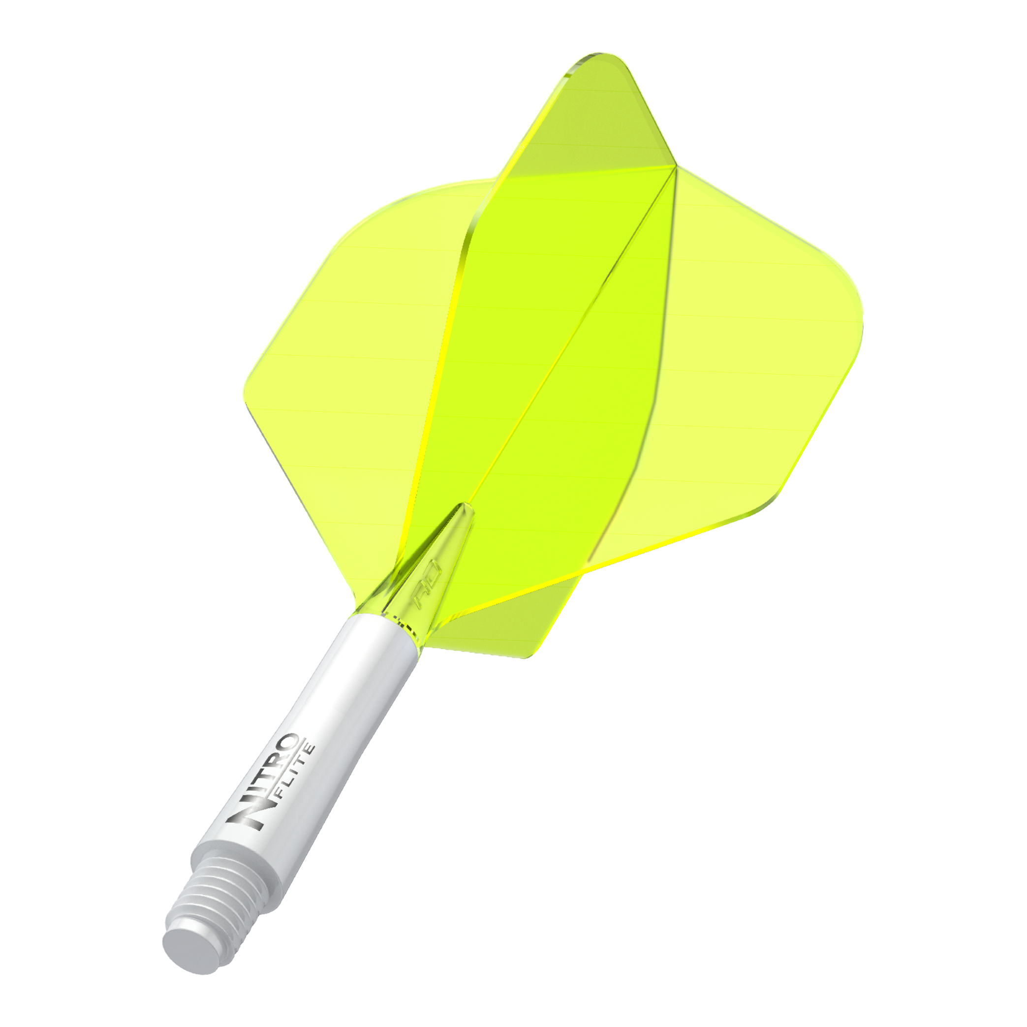 Red Dragon Nitroplite - Bílá šachta Žlutá č. 2 letky Das Bild zeigt einen gelben Dartflight mit einem weißen Schaft. Auf dem Schaft steht der Text "NITRO FLITE".