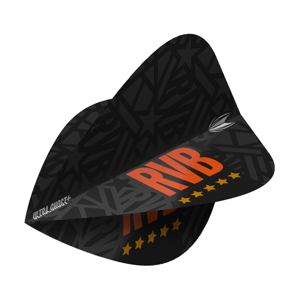Das Bild zeigt das Produkt "Target UltraGhost Raymond Van Barneveld GEN2 Kite Flights". Die Dartflights sind schwarz mit orangenen Buchstaben "RVB" und gelben Sternen bedruckt.