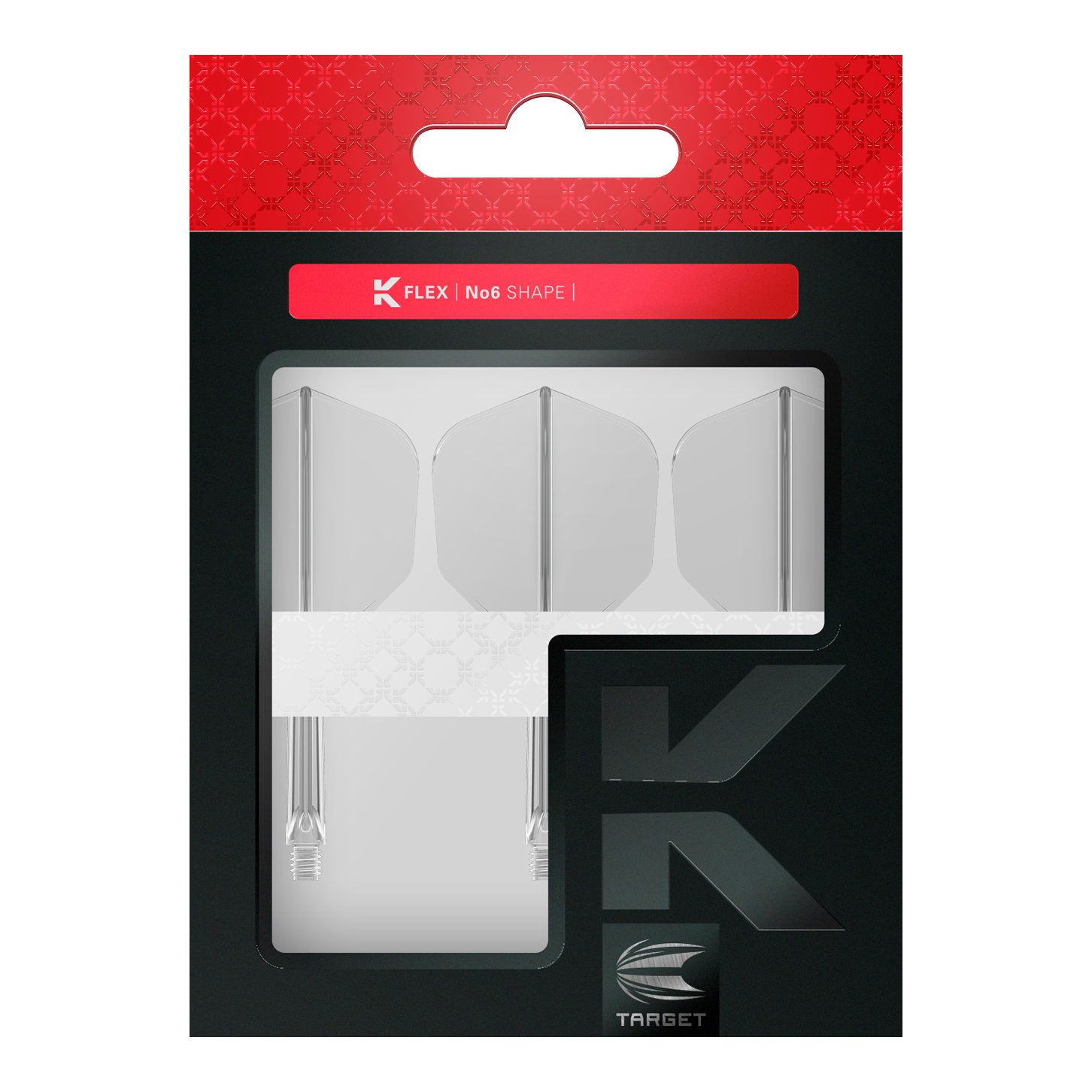 Letový systém Target K-Flex No6 - čirý Auf dem Bild ist eine Verpackung mit drei klaren Dartflights und Schäften der Marke Target zu sehen. Die Verpackung ist schwarz und rot gestaltet und trägt die Aufschrift "K FLEX | No6 SHAPE".
