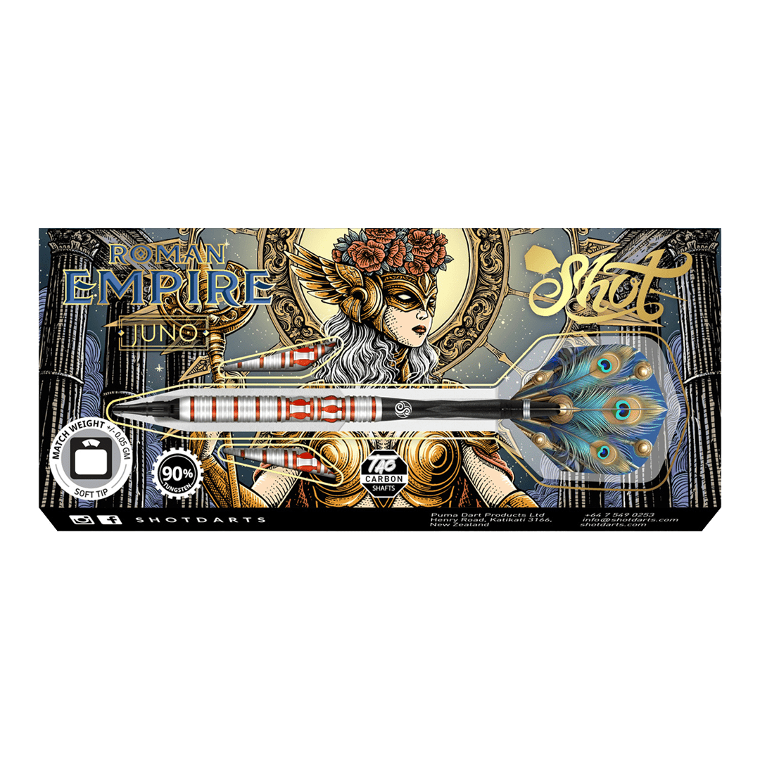 Šipky Juno s měkkými motivy z římské říše Das Bild zeigt die Verpackung der Shot Roman Empire Juno Softdarts. Auf der Verpackung ist ein kunstvolles Design mit einer Kriegerin und auffälligen Farben abgebildet.