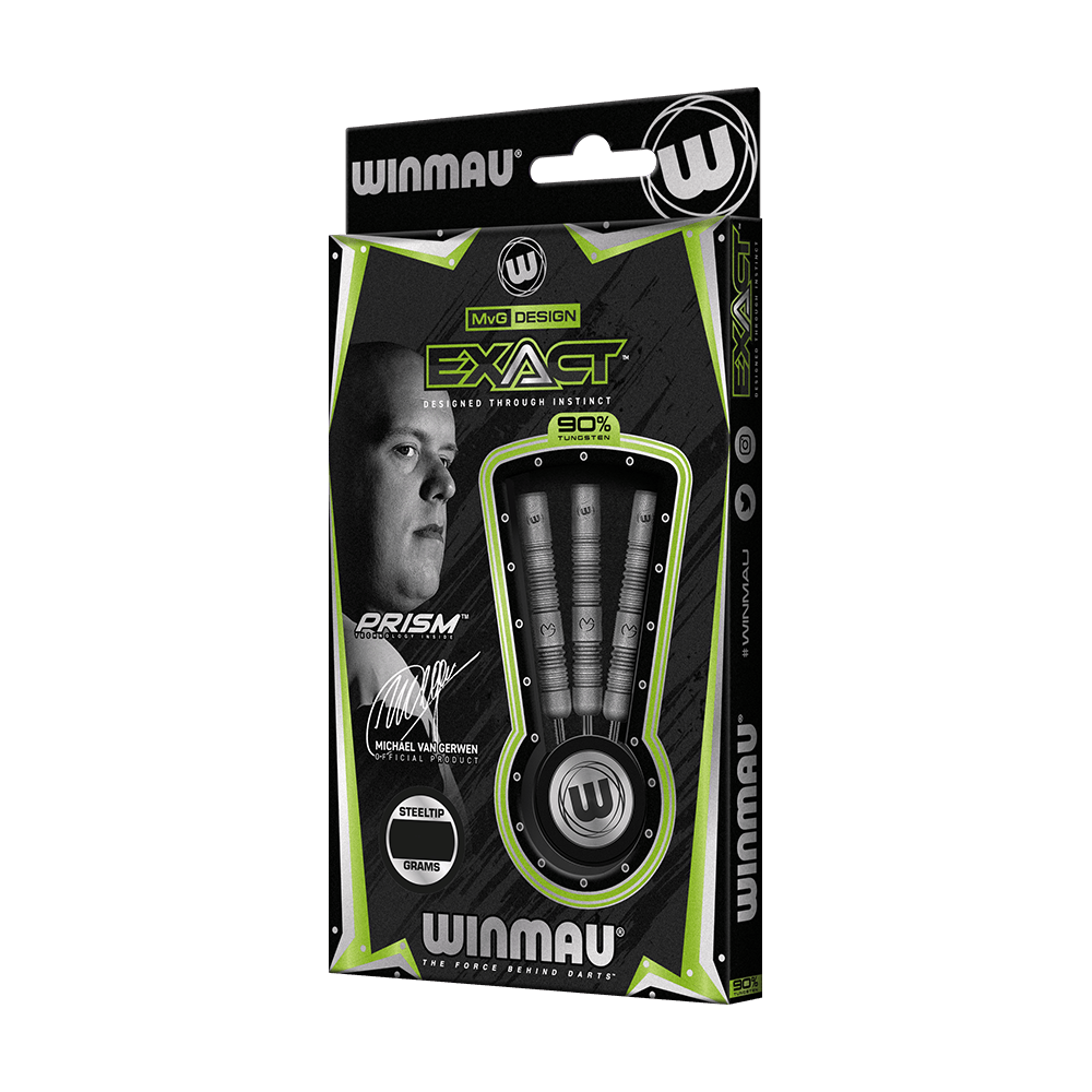 1468_Winmau_Michael_Van_Gerwen_Exact_Steeldarts_3 Auf dem Bild ist eine Packung "Winmau Michael Van Gerwen Exact Steeldarts" zu sehen. Die Verpackung zeigt drei Darts und das Bild sowie die Unterschrift von Michael Van Gerwen.