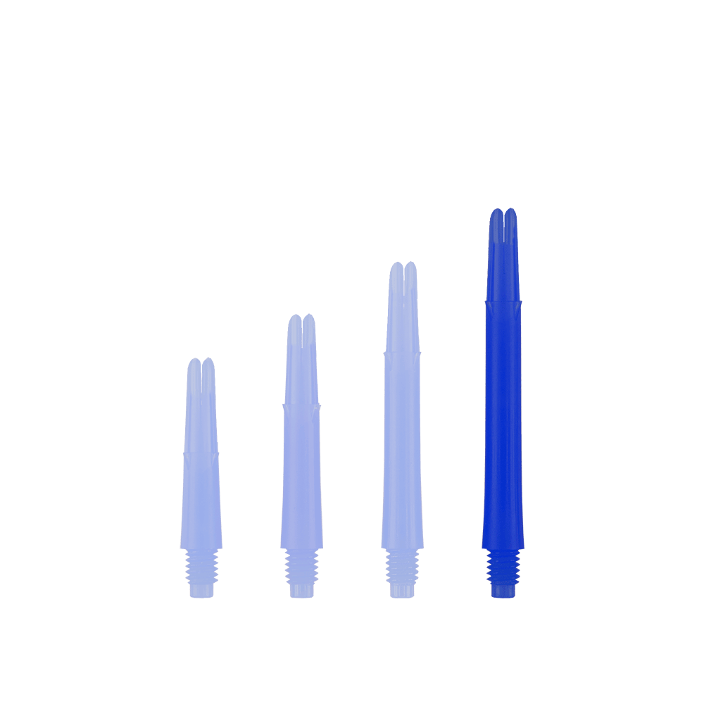 L-tvarované L-hřídele, rovné, zajištěné - modré Auf dem Bild sind vier blaue gerade Dartschäfte in unterschiedlichen Längen zu sehen. Sie stehen nebeneinander aufrecht und haben ein Schraubgewinde am unteren Ende.