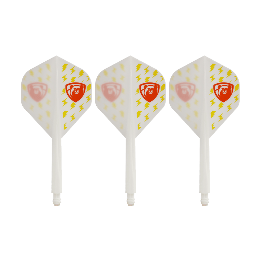 Letový systém Condor AX Thunderbolt White - standardní Das Bild zeigt drei weiße Dartflights des Condor AXE Thunderbolt White Flight-Systems in Standardform. Die Flights sind mit gelben Blitzen und einem roten Schild-Logo verziert.