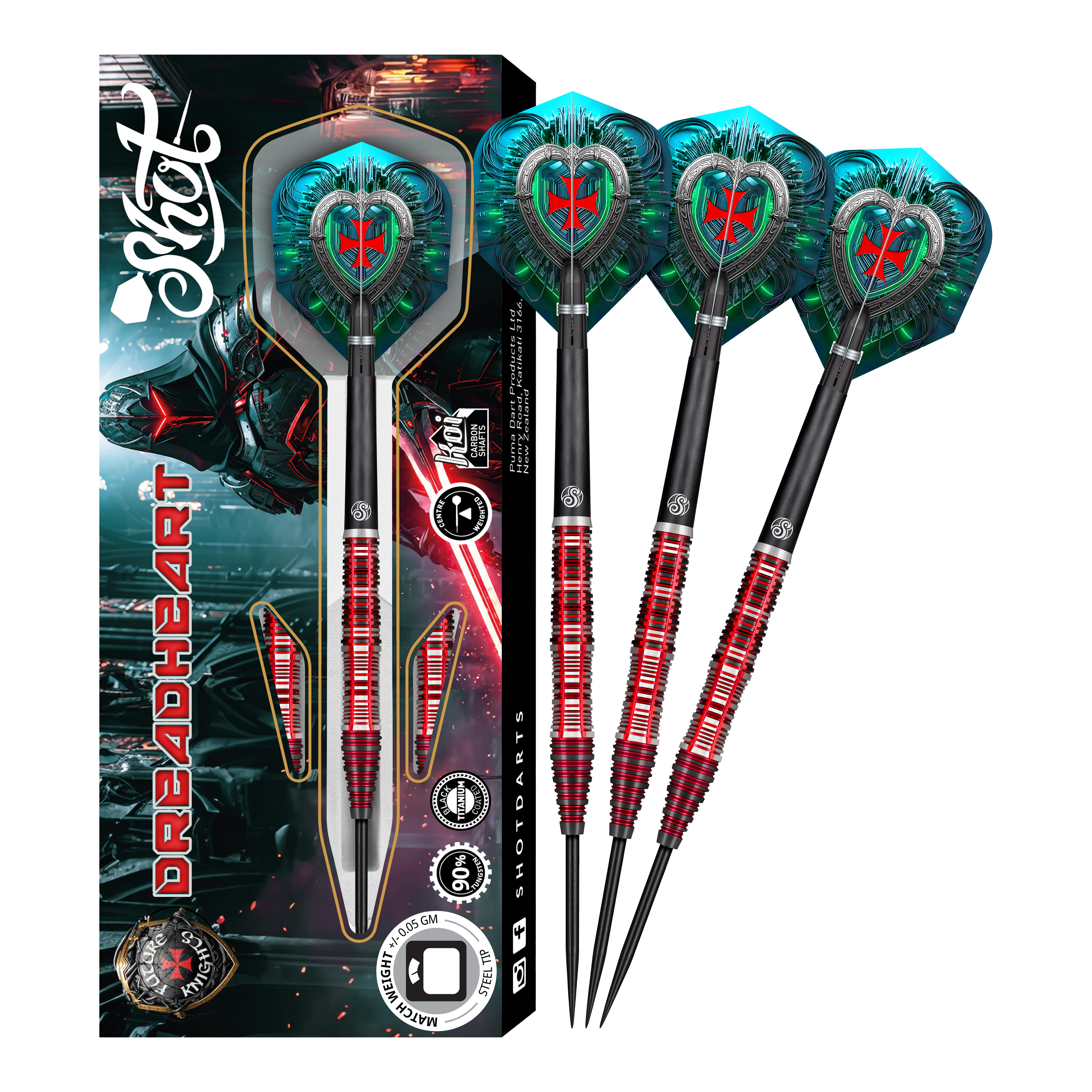 Das Bild zeigt das Produkt "Shot Future Knights Dreadheart Steeldarts" mit einer auffälligen Verpackung und drei Dartpfeilen. Die Dartpfeile haben rote und silberne Griffe sowie blaue Flights mit einem roten Wappen.