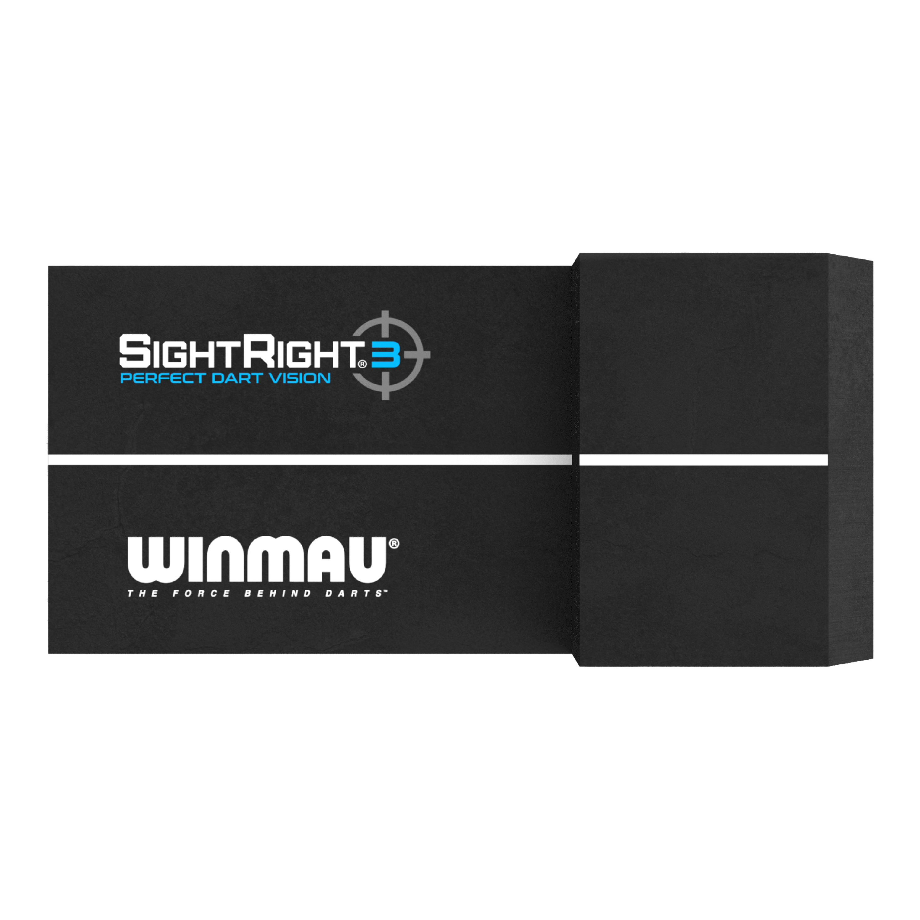 Winmau SightRight 3 - Kompaktní Das Bild zeigt das Produkt "Winmau SightRight 3 - Compact" zur Perfektionierung des Dart-Zielens. Es ist schwarz mit einem weißen Streifen und dem Winmau-Logo darauf.