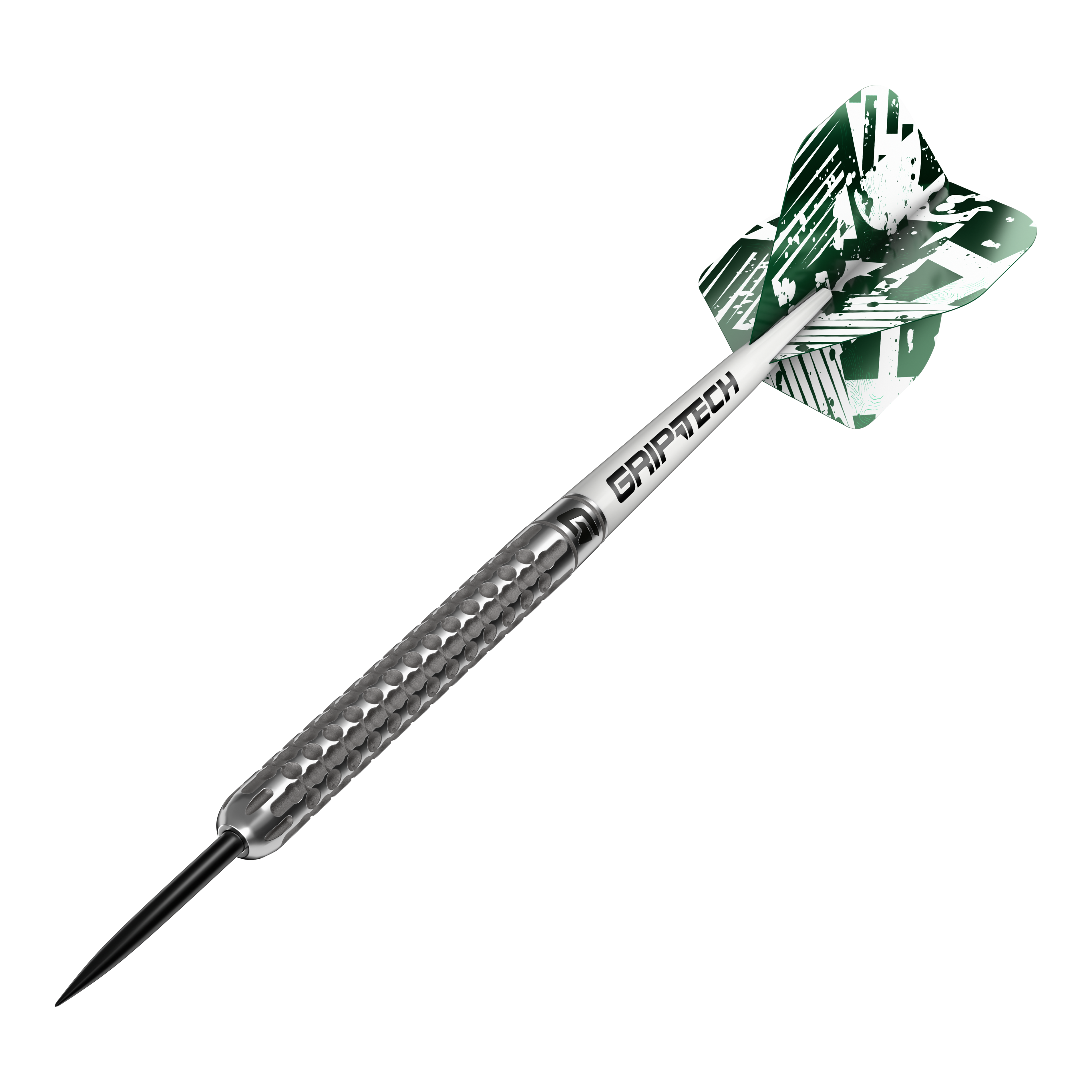 Šipky GOAT Fairway V1 z wolframové oceli Das Bild zeigt einen GOAT Fairway V1 Tungsten-Steeldart mit silbernem, strukturiertem Griff. Am hinteren Ende befindet sich ein grüner Flight mit weißem Muster und der Aufschrift "GRIPTECH".