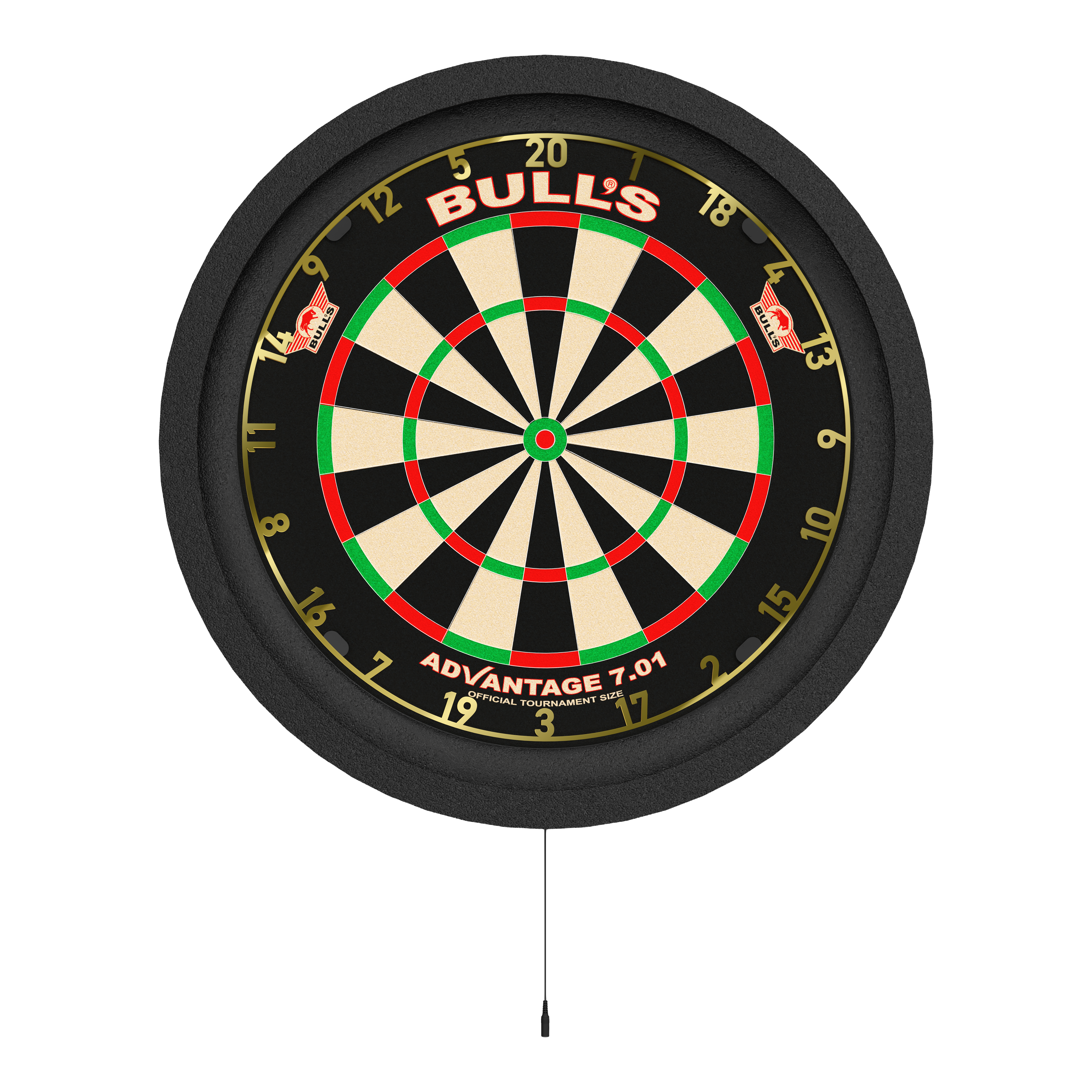 Das Bild zeigt eine Dartscheibe mit einer runden, beleuchteten Umrandung. Es handelt sich um das Produkt „Bulls NL Lumo 2 Light Surround Beleuchtungssystem“.