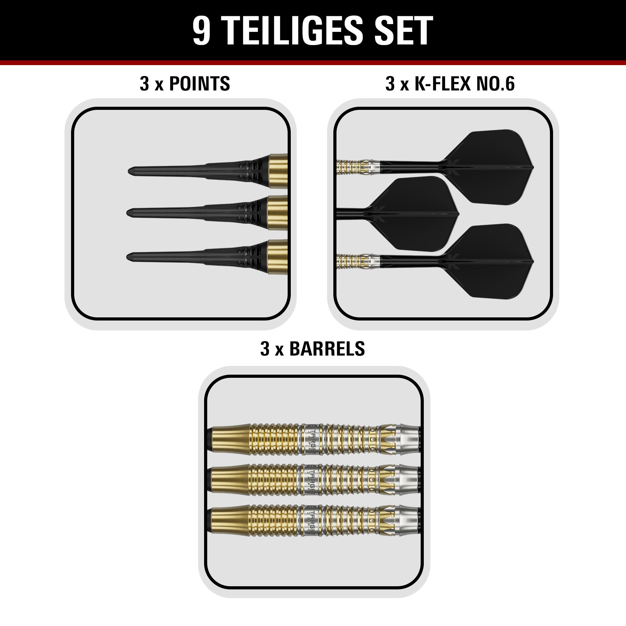 Auf dem Bild befinden sich die Target Black Marque Enzo Softdarts mit 18g Gewicht. Die Softdarts sind für ihre gute Balance und Verarbeitung bekannt.