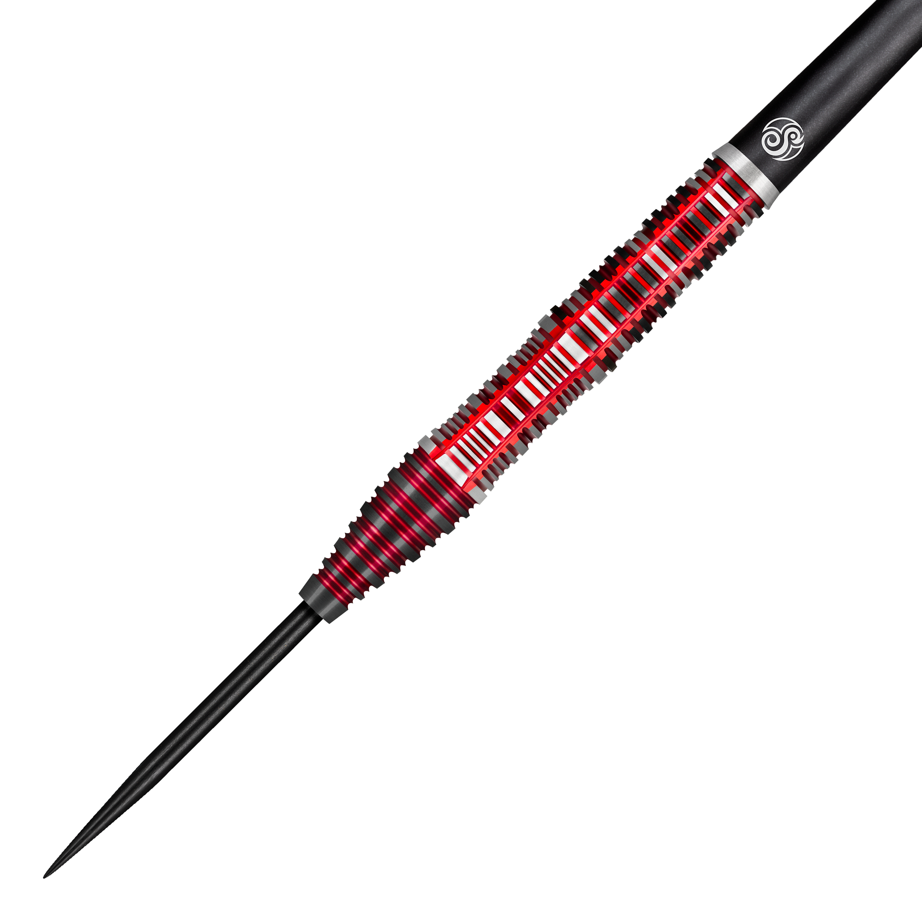 Das Bild zeigt einen Shot Future Knights Dreadheart Steeldart mit rotem und silbernem Design. Der Dart hat eine strukturierte Griffzone und eine schwarze Spitze.
