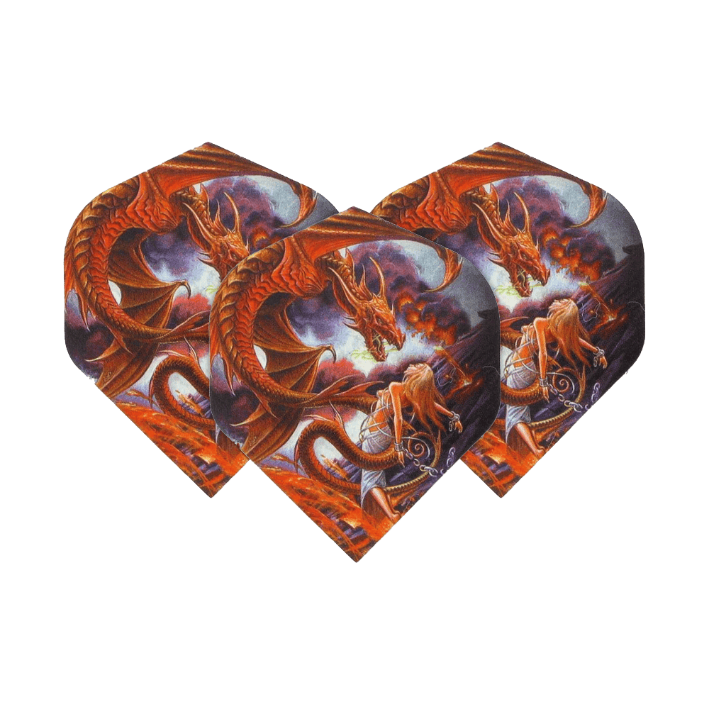 Alchemy Forge Of Vesuv No2 Standard Flights Das Bild zeigt drei Dart-Flights mit einem fantasievollen Drachenmotiv. Auf den Flights ist ein roter Drache über einer Frau und feuriger Landschaft abgebildet.