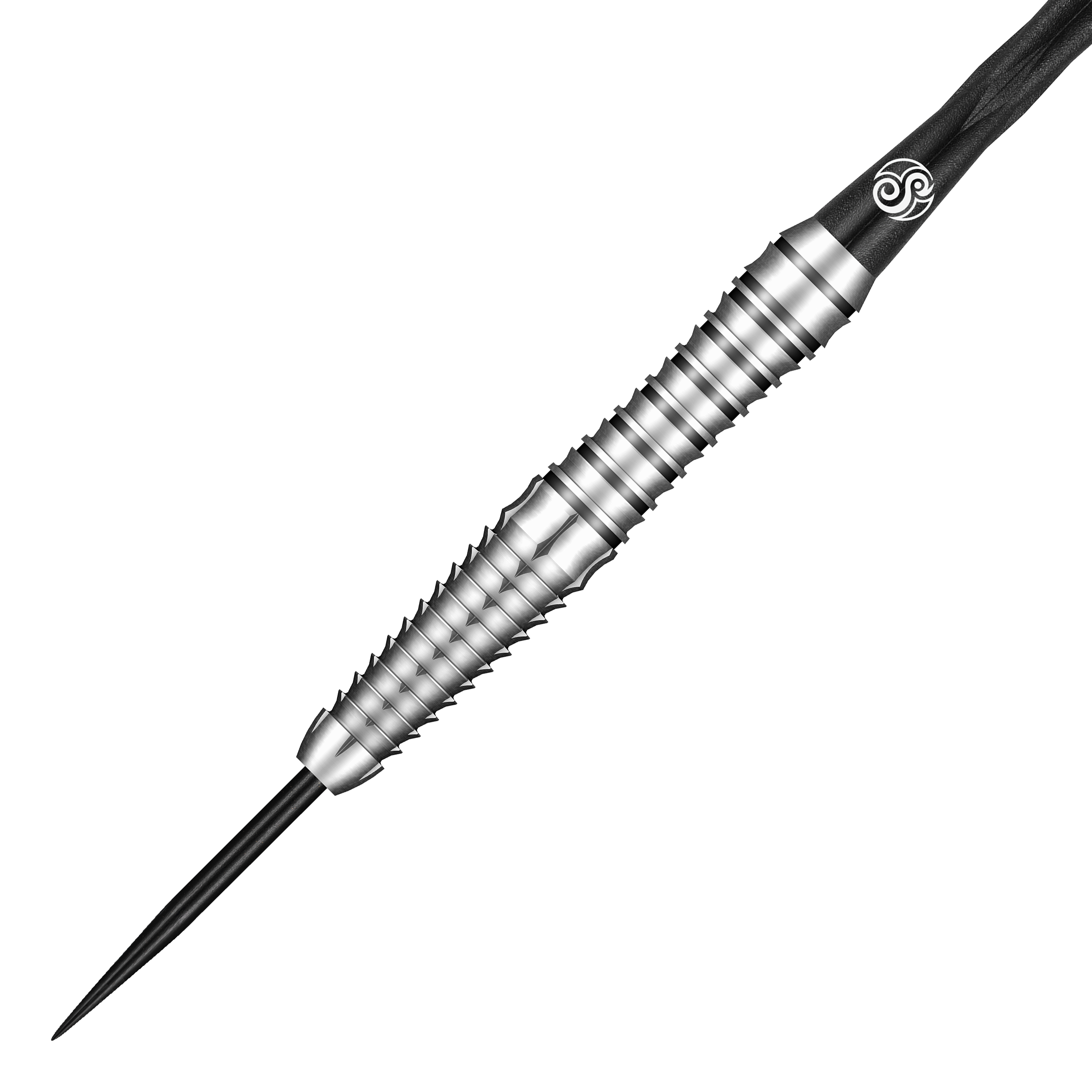 Das Bild zeigt den Shot Tribal Weapon Toki Steeldart. Der Dartpfeil hat ein silbernes, geriffeltes Design mit schwarzer Spitze und einem kunstvoll verzierten Shaft.
