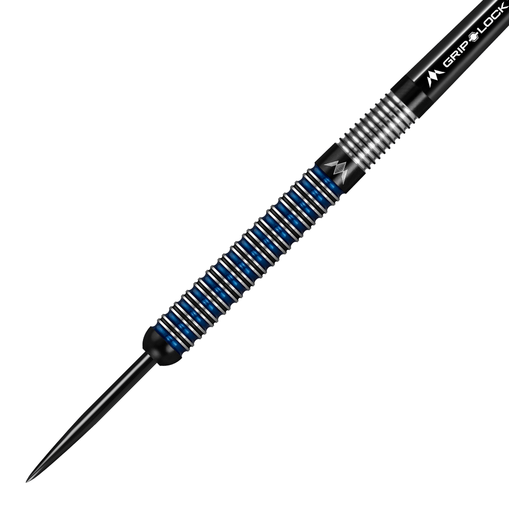 Ocelové šipky Mission Nightfall Model 1 Das Bild zeigt einen Mission Nightfall Model 1 Steeldart. Der Dart hat ein modernes Design mit silbernen und blauen Ringen am Barrel.