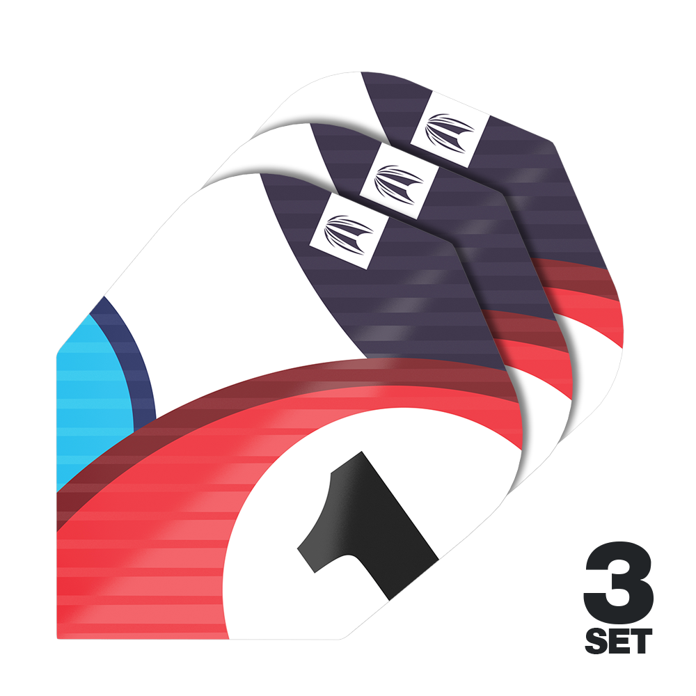 Letenky Target Pro Ultra Chicane Blue No6 – 3 sady Das Bild zeigt drei Sets von Target Pro Ultra Chicane Blue No6 Flights für Darts. Auf den Flights sind rote, blaue und schwarze Designelemente sowie die Zahl 1 zu sehen.