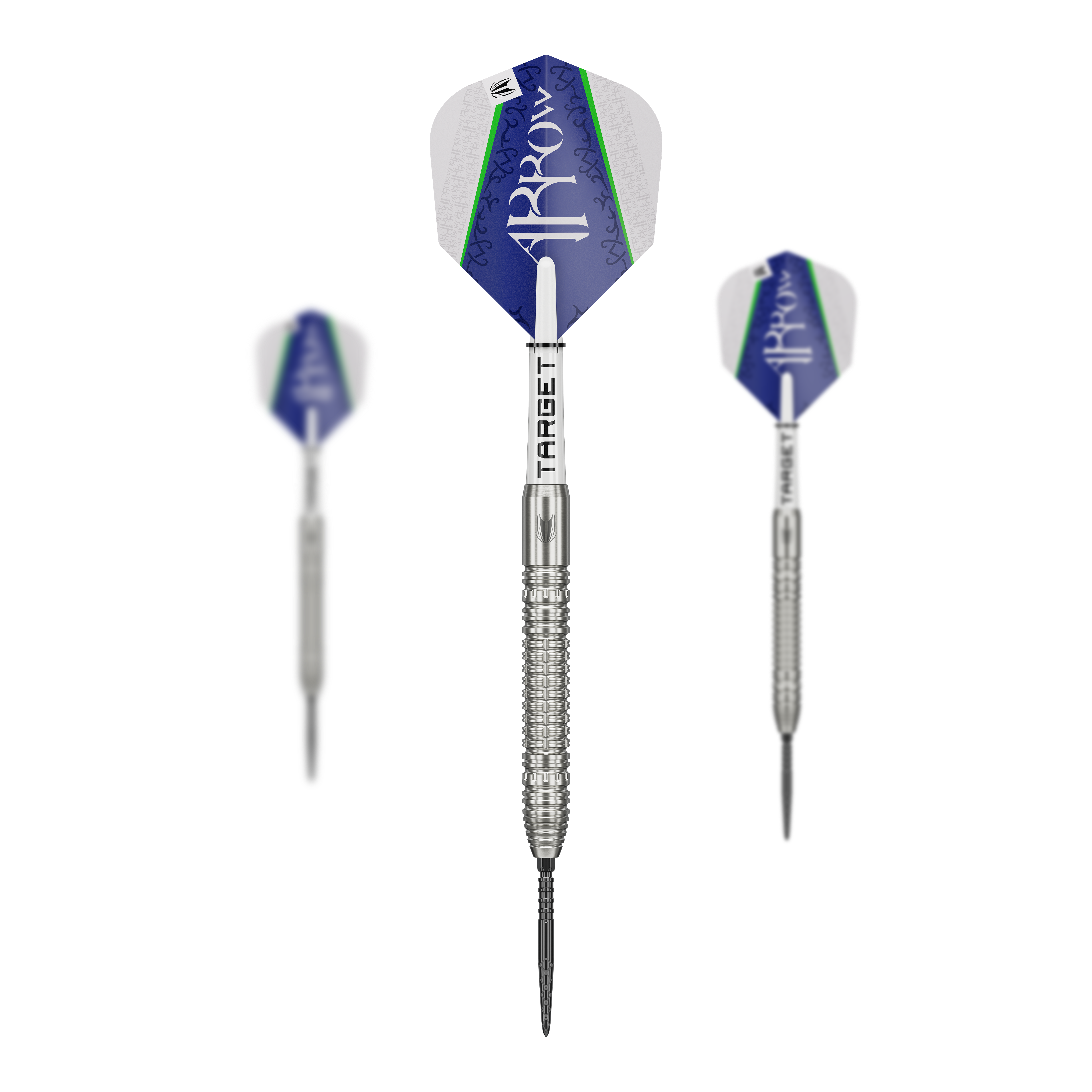 Das Bild zeigt drei Steeldarts des Modells "Target Shane McGuirk GEN1 Swiss Point - 23g". Die Darts haben silberne Spitzen und Schäfte sowie blau-weiße Flights mit grünen Akzenten.