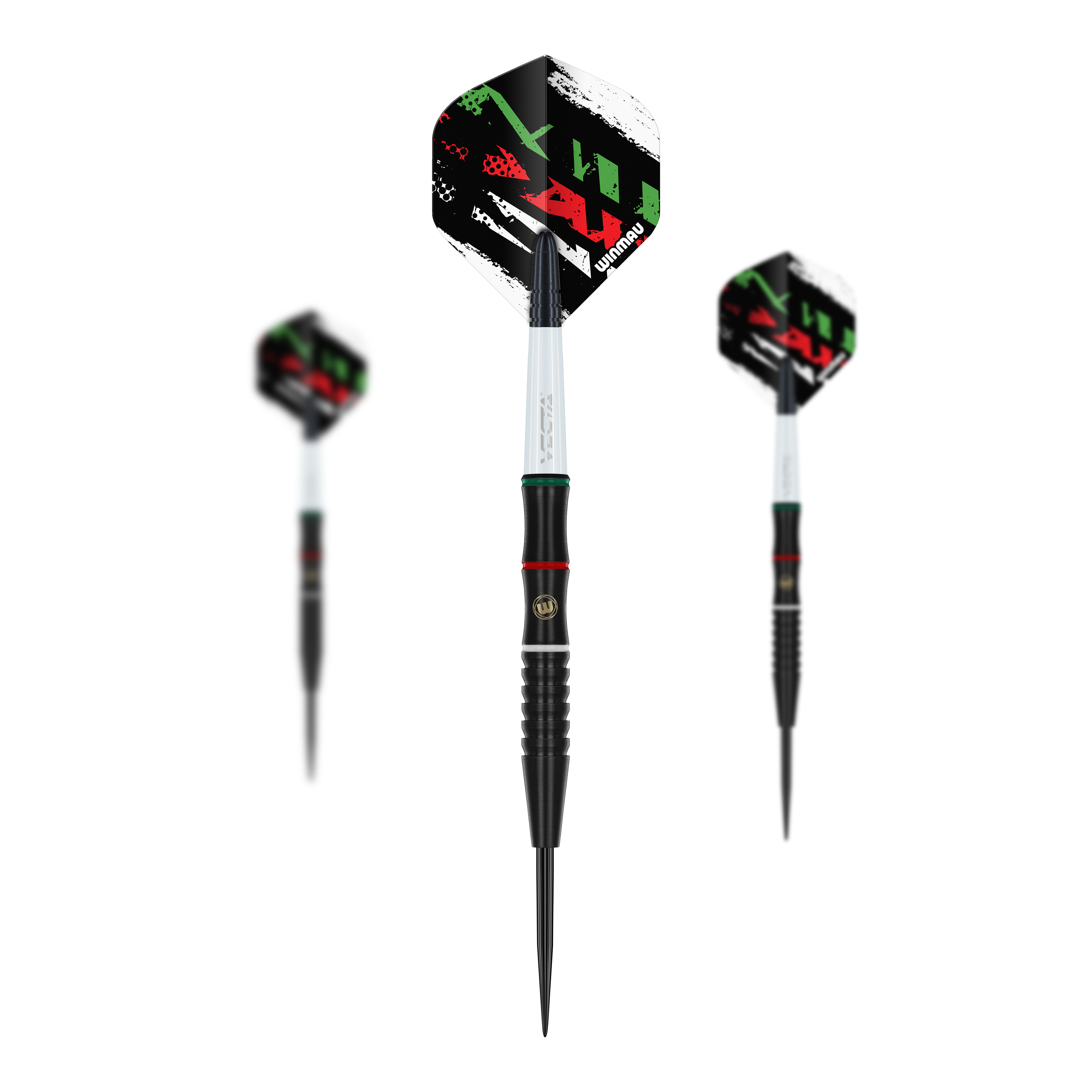 Das Bild zeigt drei Winmau Peter Wachuri Steeldarts mit einem Gewicht von 22g. Die Darts haben schwarze und silberne Schäfte sowie farbige Flights in Schwarz, Rot und Grün.