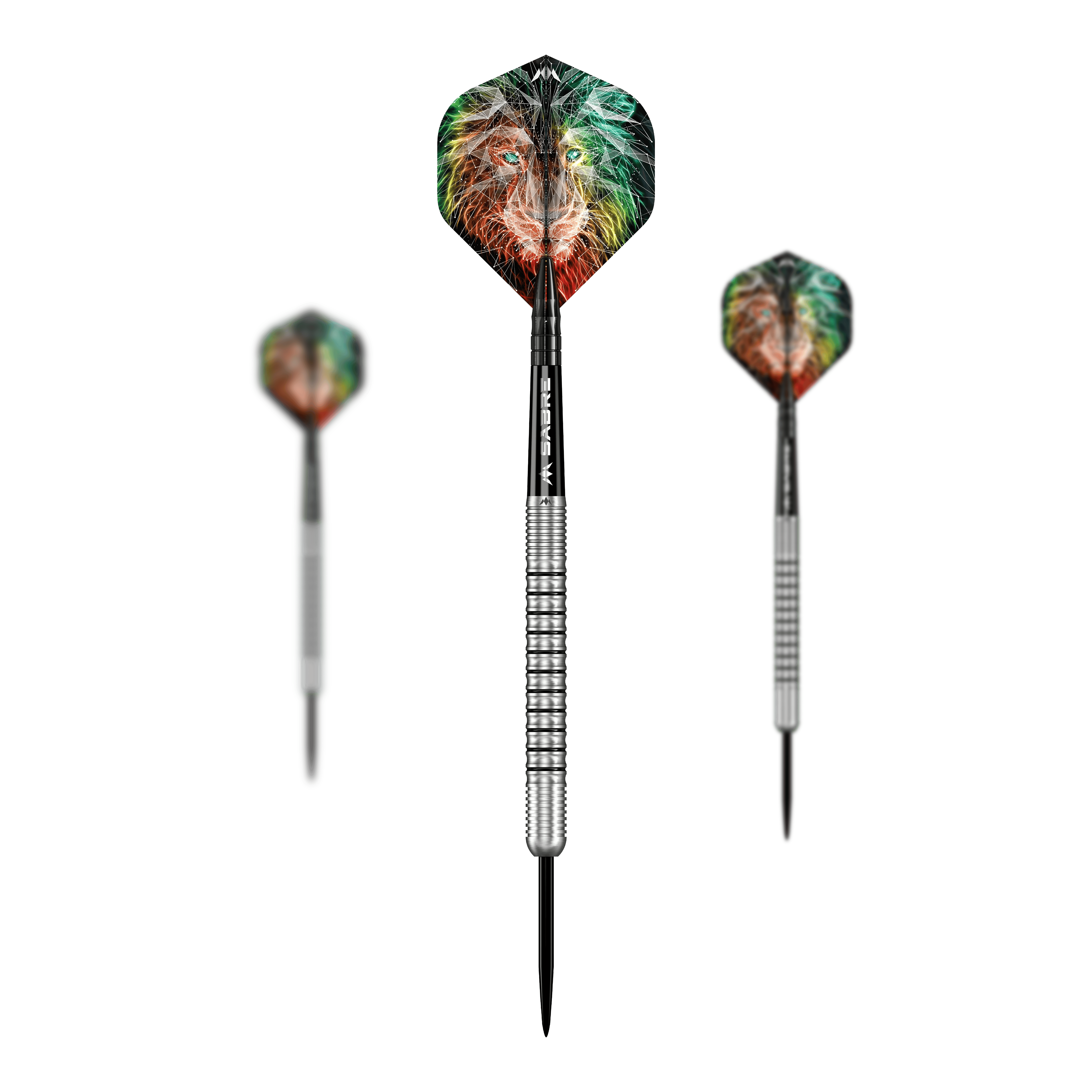 Mise Dominik Grüllich Steeldarts Das Bild zeigt drei Steeldarts des Produkts „Mission Dominik Grüllich Steeldarts - 23,5g“. Auf den Flights ist ein farbiges Löwenmotiv zu sehen.