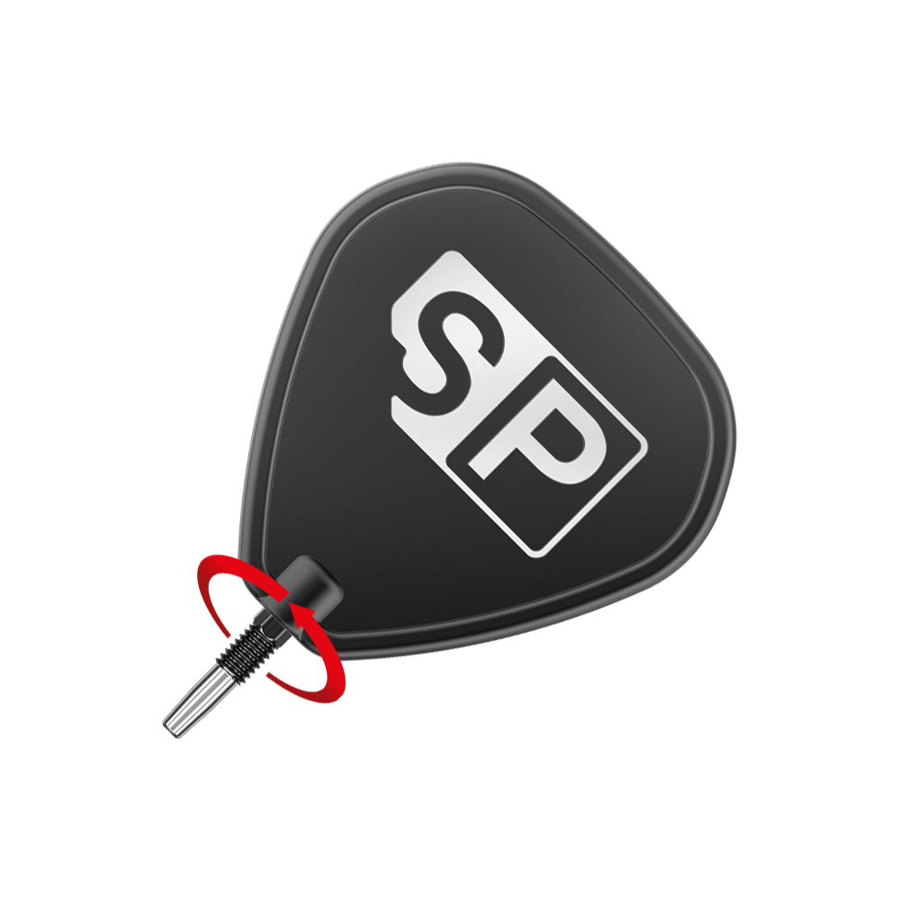 Špičky na šipky Target Swiss Point RVE - černé Das Bild zeigt eine schwarze Dartspitze mit der Aufschrift "SP" in Weiß. Ein roter Pfeil deutet auf die Richtung hin, in der die Spitze eingedreht werden soll.