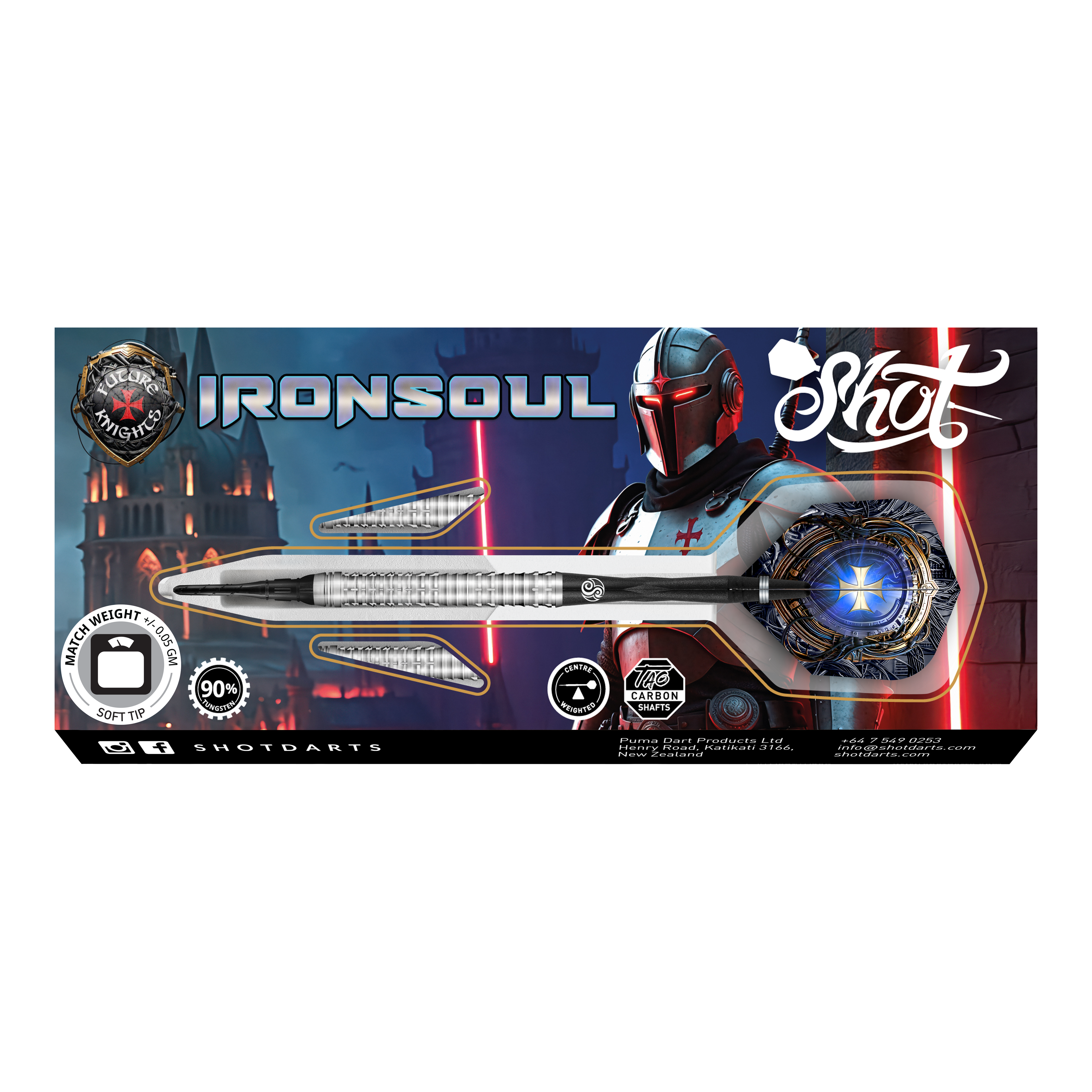 Das Bild zeigt die Verpackung der "Shot Future Knights Ironsoul Softdarts - 20g". Auf der Verpackung ist ein futuristischer Ritter abgebildet, sowie der Dartpfeil und die Produktinformationen.