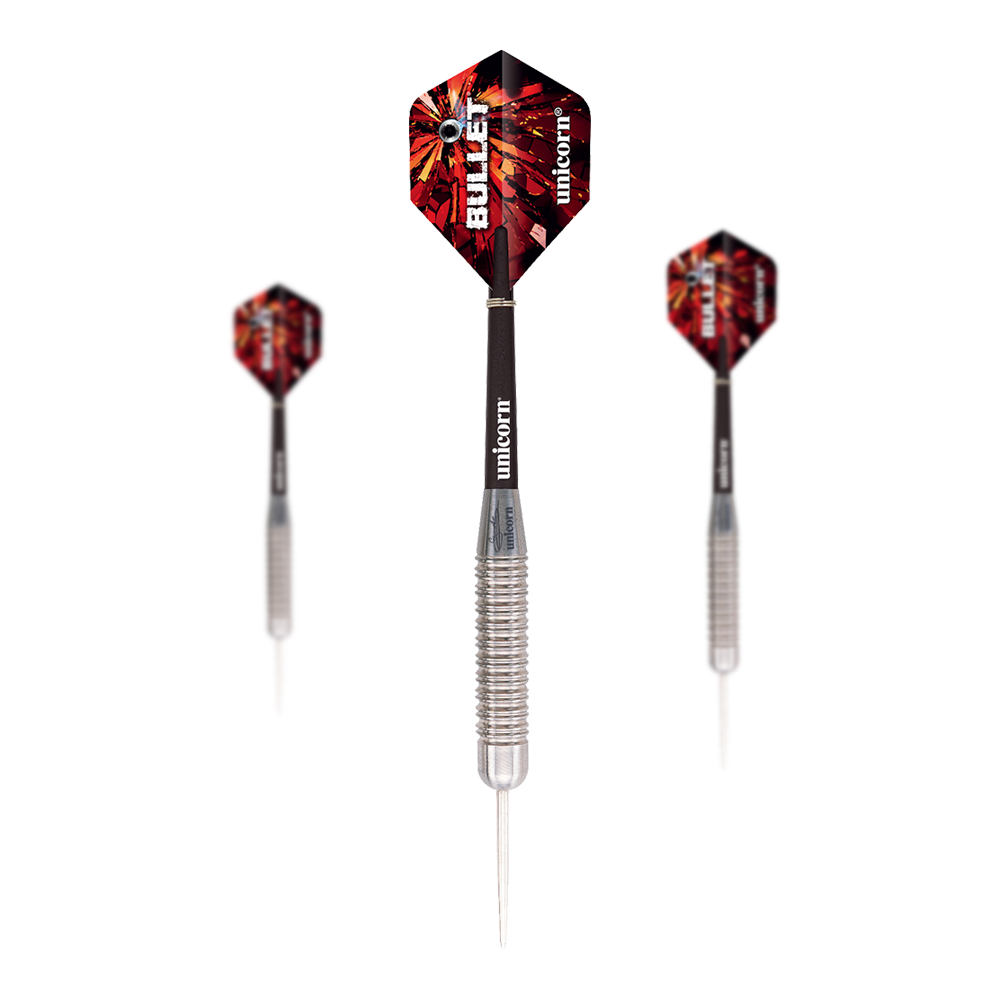 Ocelové šipky Unicorn Bullet Gary Anderson - 22g Das Bild zeigt drei Steeldarts des Modells "Unicorn Bullet Gary Anderson - 22g". Die Darts haben silberne Spitzen, geriffelte Griffe und rot-schwarze Flights mit der Aufschrift "BULLET".