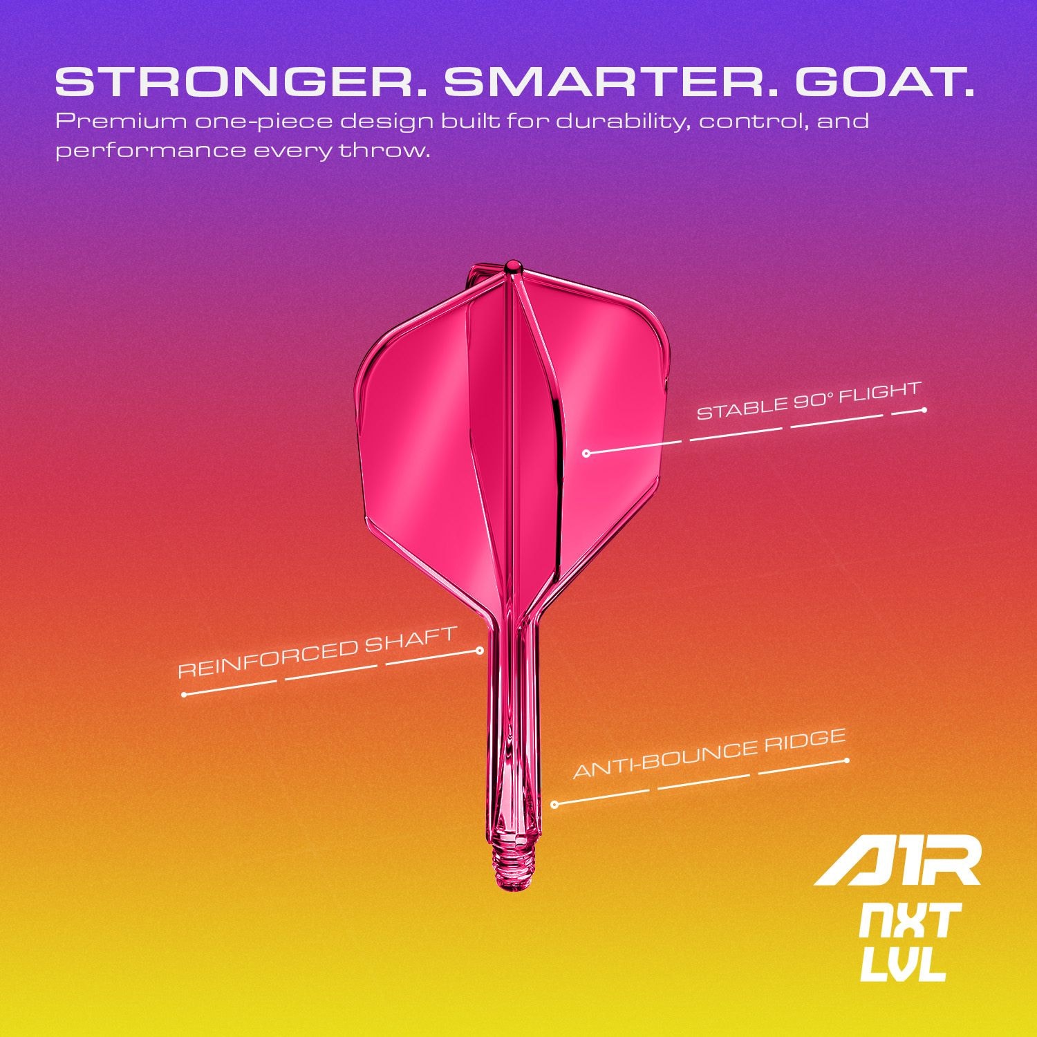 Hier ist das GOAT A1R No6 Flight-Shaft-System in Neon Pink zu sehen. Dieses Zubehör verbessert die Leistung beim Dartspielen.