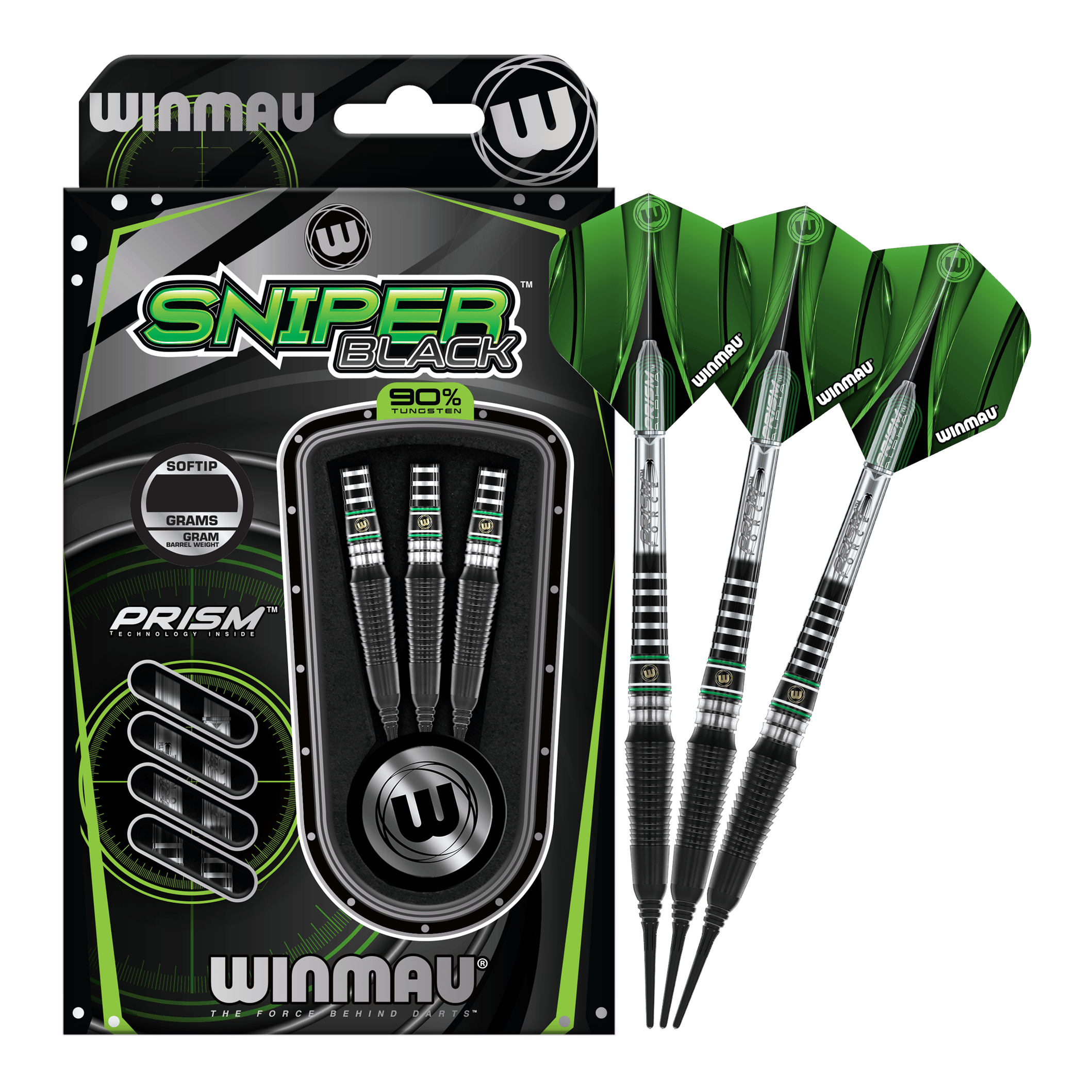 Měkké šipky Winmau Sniper Black 2025 - 20g Das Bild zeigt die Winmau Sniper Black 2025 Softdarts mit einem Gewicht von 20g. Die Darts sind schwarz und grün gestaltet und werden in einer Verpackung mit drei Stück präsentiert.