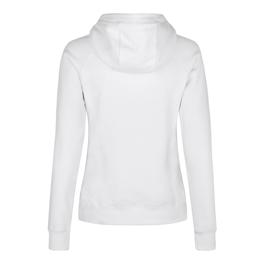 Dámská mikina s kapucí Barrels and Shafts – bílá Dies ist ein weißer Damen-Hoodie, der von hinten zu sehen ist. Das schlichte Design zeigt lange Ärmel und eine Kapuze.