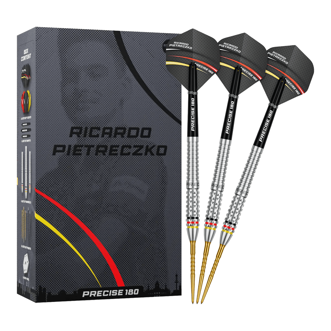 Přesné ocelové šipky Ricardo Pietreczko GEN1 180 Vollansicht der Precise 180 Ricardo Pietreczko GEN1 Steeldarts. Diese Darts sind für Präzision und Kontrolle entwickelt.