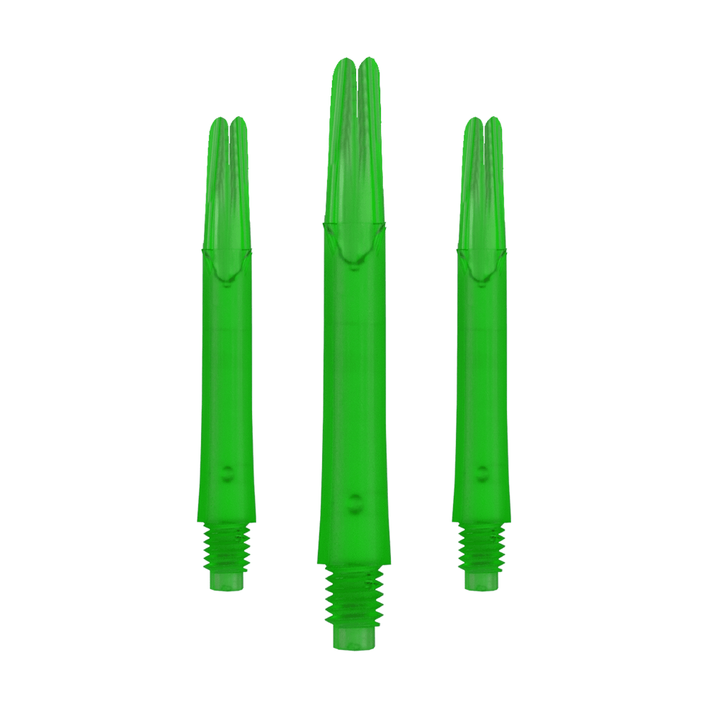 Auf dem Bild sind drei gerade, grüne Dartshafts ohne Kappen zu sehen. Sie stehen nebeneinander und haben ein Schraubgewinde am unteren Ende.