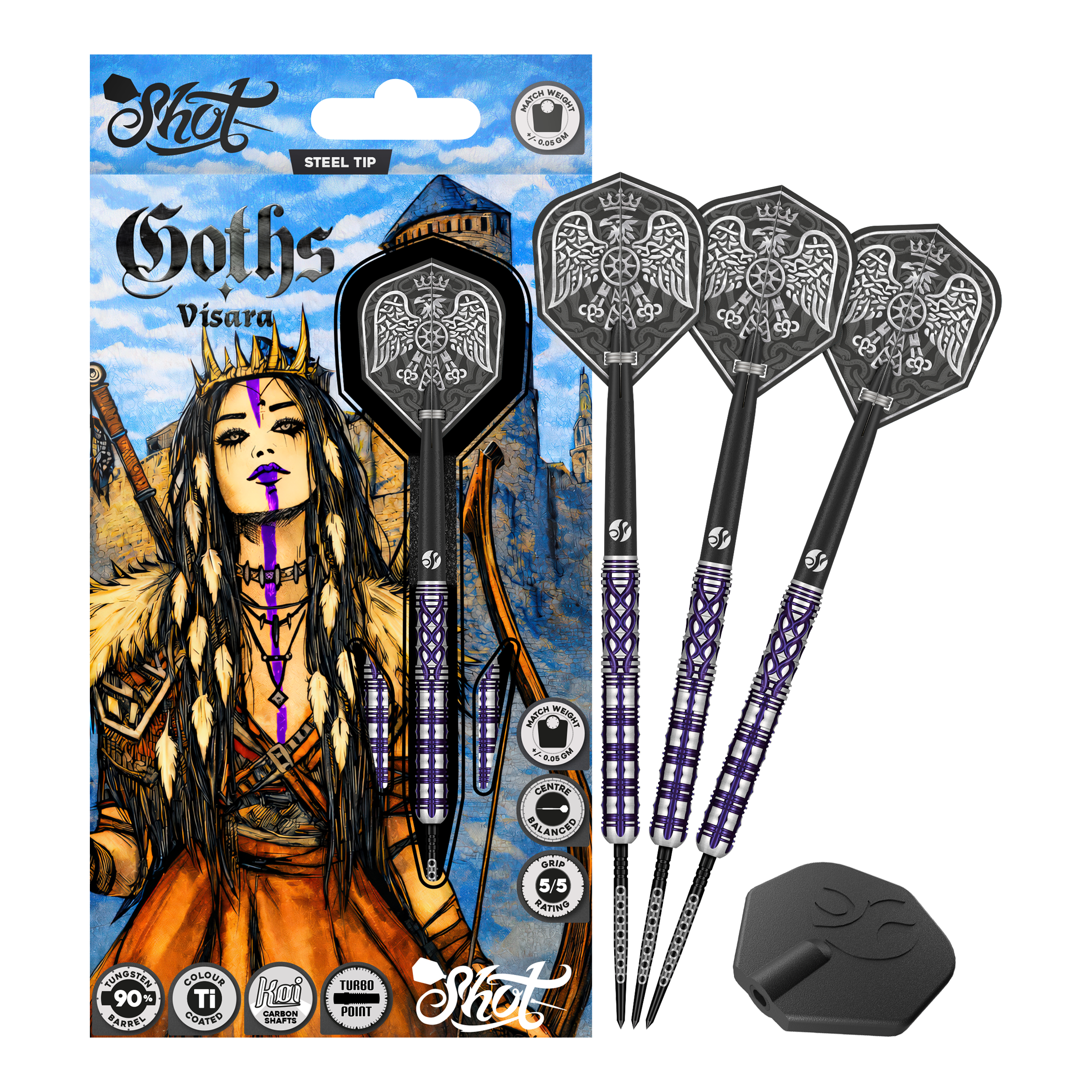 Šipky Shot Goths Visara Turbo Point ocelové - 23g Das Produkt zeigt die Shot Goths Visara Turbo Point Steeldarts - 23g in voller Ansicht. Diese Steeldarts stehen für Qualität und Zuverlässigkeit beim Dartspiel.